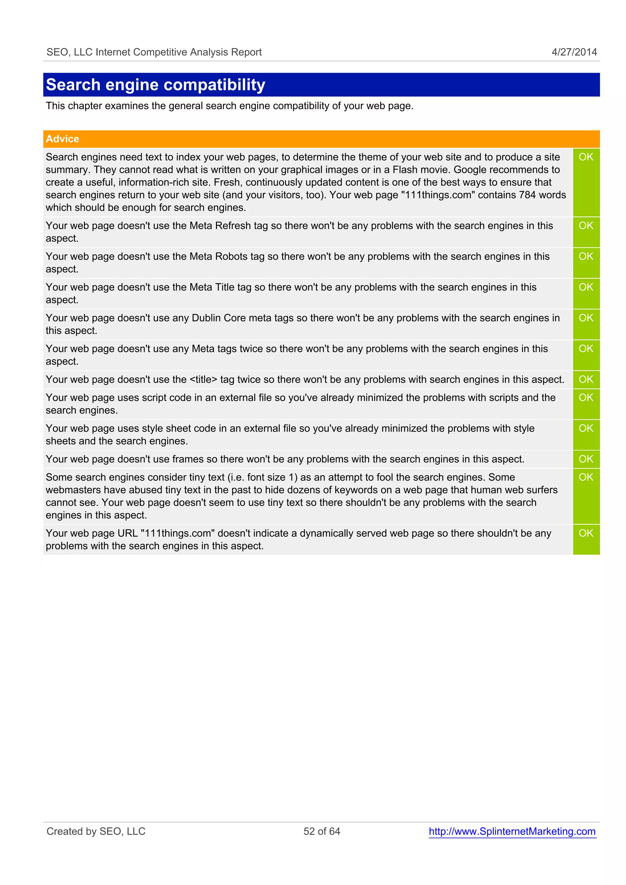 SEO, LLC Internet Competitive Analysis Report 4/27/2014 
Search engine compatibility 
This chapter examines the general search engine compatibility of your web page. 
Advice 
Search engines need text to index your web pages, to determine the theme of your web site and to produce a site 
summary. They cannot read what is written on your graphical images or in a Flash movie. Google recommends to 
create a useful, information-rich site. Fresh, continuously updated content is one of the best ways to ensure that 
search engines return to your web site (and your visitors, too). Your web page "111things.com" contains 784 words 
which should be enough for search engines. 
OK 
Your web page doesn't use the Meta Refresh tag so there won't be any problems with the search engines in this 
aspect. 
OK 
Your web page doesn't use the Meta Robots tag so there won't be any problems with the search engines in this 
aspect. 
OK 
Your web page doesn't use the Meta Title tag so there won't be any problems with the search engines in this 
aspect. 
OK 
Your web page doesn't use any Dublin Core meta tags so there won't be any problems with the search engines in 
this aspect. 
OK 
Your web page doesn't use any Meta tags twice so there won't be any problems with the search engines in this 
aspect. 
OK 
Your web page doesn't use the <title> tag twice so there won't be any problems with search engines in this aspect. OK 
Your web page uses script code in an external file so you've already minimized the problems with scripts and the 
OK 
search engines. 
Your web page uses style sheet code in an external file so you've already minimized the problems with style 
sheets and the search engines. 
OK 
Your web page doesn't use frames so there won't be any problems with the search engines in this aspect. OK 
Some search engines consider tiny text (i.e. font size 1) as an attempt to fool the search engines. Some 
OK 
webmasters have abused tiny text in the past to hide dozens of keywords on a web page that human web surfers 
cannot see. Your web page doesn't seem to use tiny text so there shouldn't be any problems with the search 
engines in this aspect. 
Your web page URL "111things.com" doesn't indicate a dynamically served web page so there shouldn't be any 
problems with the search engines in this aspect. 
OK 
Created by SEO, LLC 52 of 64 http://www.SplinternetMarketing.com 
 