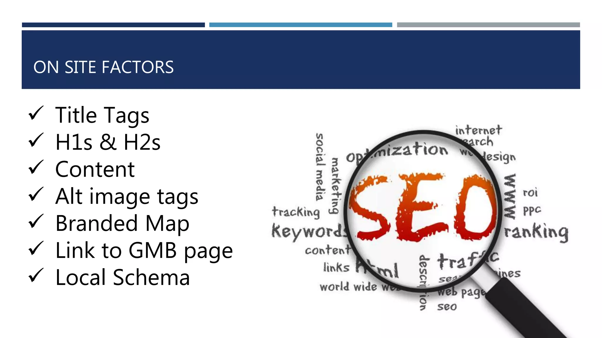 ON SITE FACTORS
 Title Tags
 H1s & H2s
 Content
 Alt image tags
 Branded Map
 Link to GMB page
 Local Schema
 