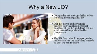 Why a New JQ?
• Companies are most satisfied when
we bring them a quality EP

• Our TN Form and screening
process don’t capture personal
qualities of the EP and don’t tell us
what is most important to the
companies
• The TN form should support us in
understanding the company’s needs
so that we can re-raise

 