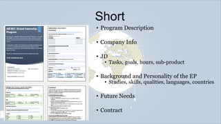 Short
• Program Description
• Company Info
• JD

• Tasks, goals, hours, sub-product

• Background and Personality of the EP

• Studies, skills, qualities, languages, countries

• Future Needs
• Contract

 