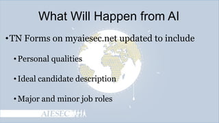 What Will Happen from AI
• TN Forms on myaiesec.net updated to include
• Personal qualities
• Ideal candidate description
• Major and minor job roles

 
