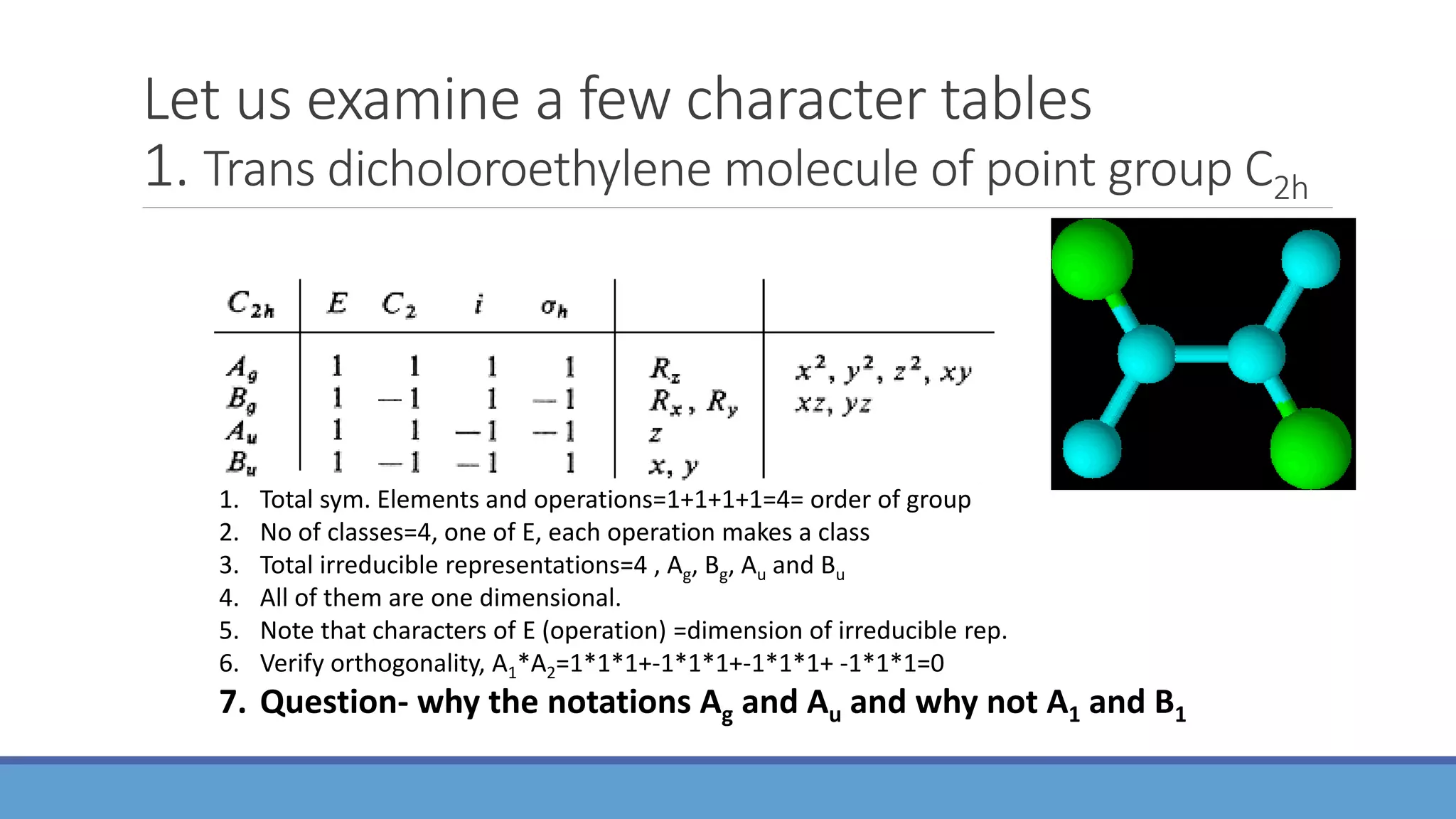 Let us examine a few character tables
1. Trans dicholoroethylene molecule of point group C2h
1. Total sym. Elements and operations=1+1+1+1=4= order of group
2. No of classes=4, one of E, each operation makes a class
3. Total irreducible representations=4 , Ag, Bg, Au and Bu
4. All of them are one dimensional.
5. Note that characters of E (operation) =dimension of irreducible rep.
6. Verify orthogonality, A1*A2=1*1*1+-1*1*1+-1*1*1+ -1*1*1=0
7. Question- why the notations Ag and Au and why not A1 and B1
 