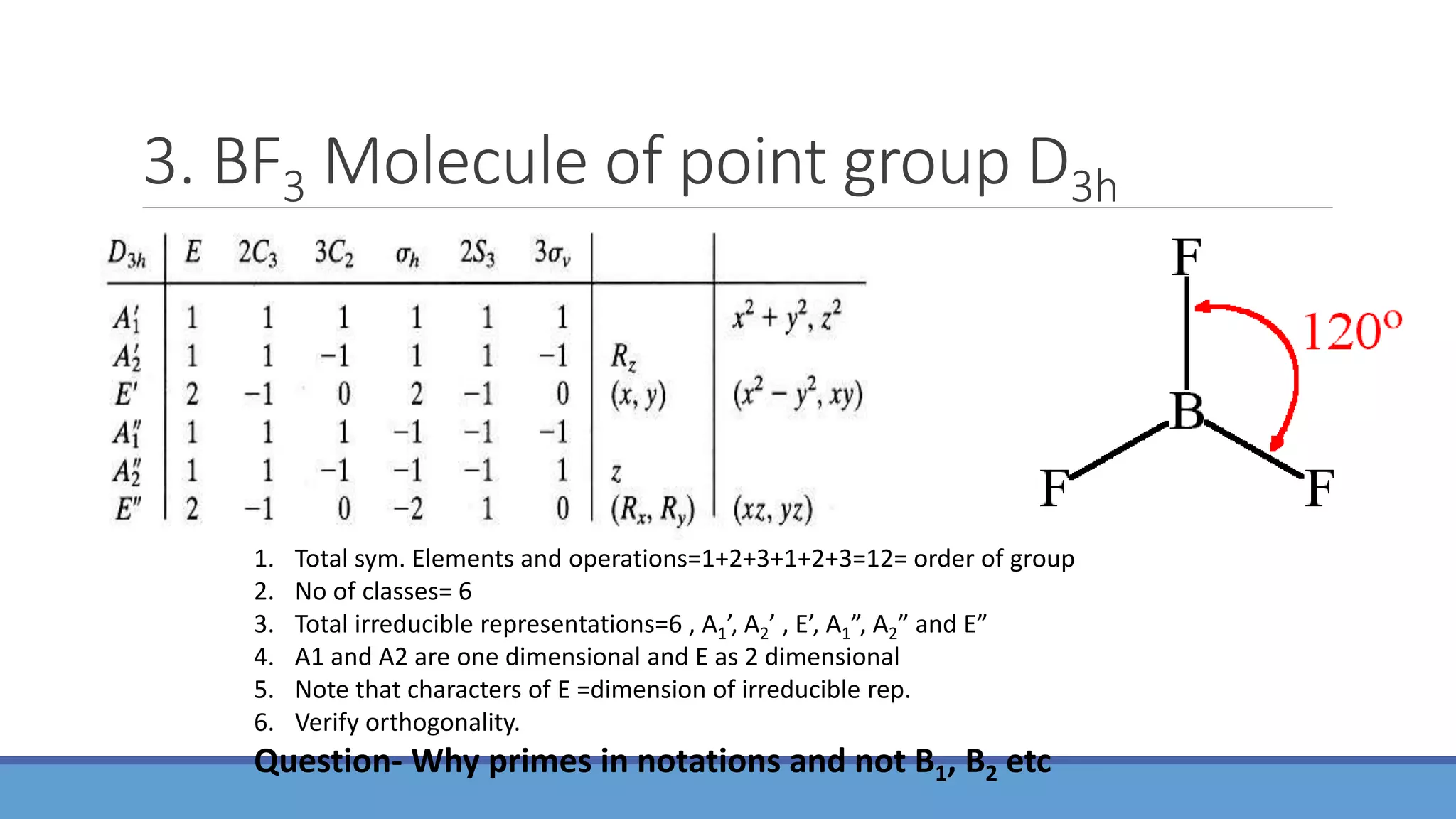 3. BF3 Molecule of point group D3h
1. Total sym. Elements and operations=1+2+3+1+2+3=12= order of group
2. No of classes= 6
3. Total irreducible representations=6 , A1’, A2’ , E’, A1”, A2” and E”
4. A1 and A2 are one dimensional and E as 2 dimensional
5. Note that characters of E =dimension of irreducible rep.
6. Verify orthogonality.
Question- Why primes in notations and not B1, B2 etc
 