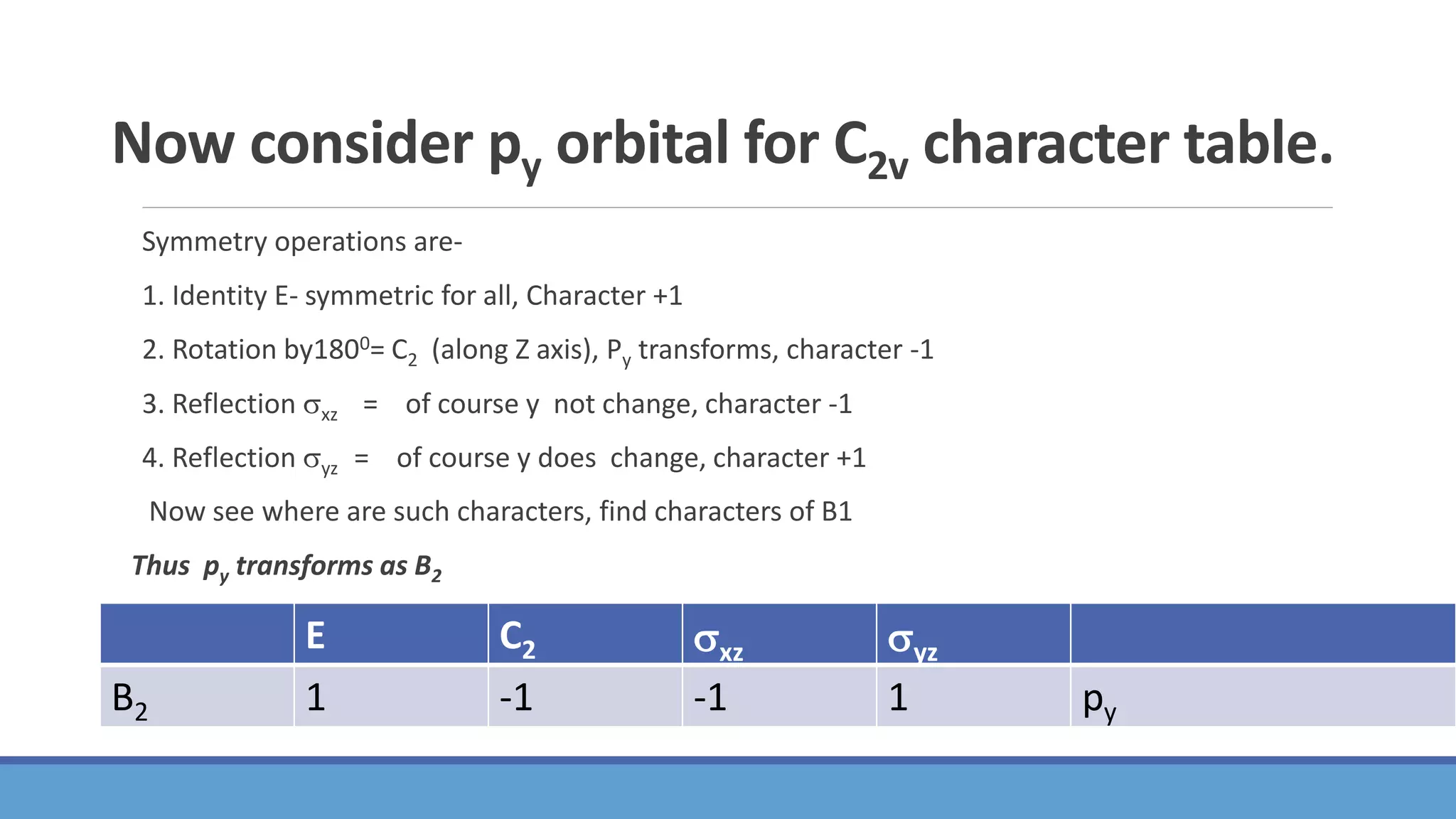 Now consider py orbital for C2v character table.
Symmetry operations are-
1. Identity E- symmetric for all, Character +1
2. Rotation by1800= C2 (along Z axis), Py transforms, character -1
3. Reflection xz = of course y not change, character -1
4. Reflection yz = of course y does change, character +1
Now see where are such characters, find characters of B1
Thus py transforms as B2
E C2 xz yz
B2 1 -1 -1 1 py
 