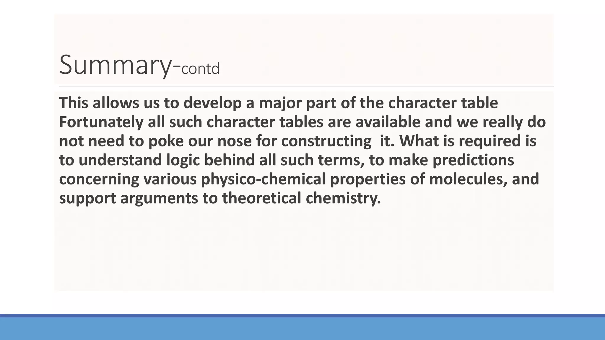 Summary-contd
This allows us to develop a major part of the character table
Fortunately all such character tables are available and we really do
not need to poke our nose for constructing it. What is required is
to understand logic behind all such terms, to make predictions
concerning various physico-chemical properties of molecules, and
support arguments to theoretical chemistry.
 