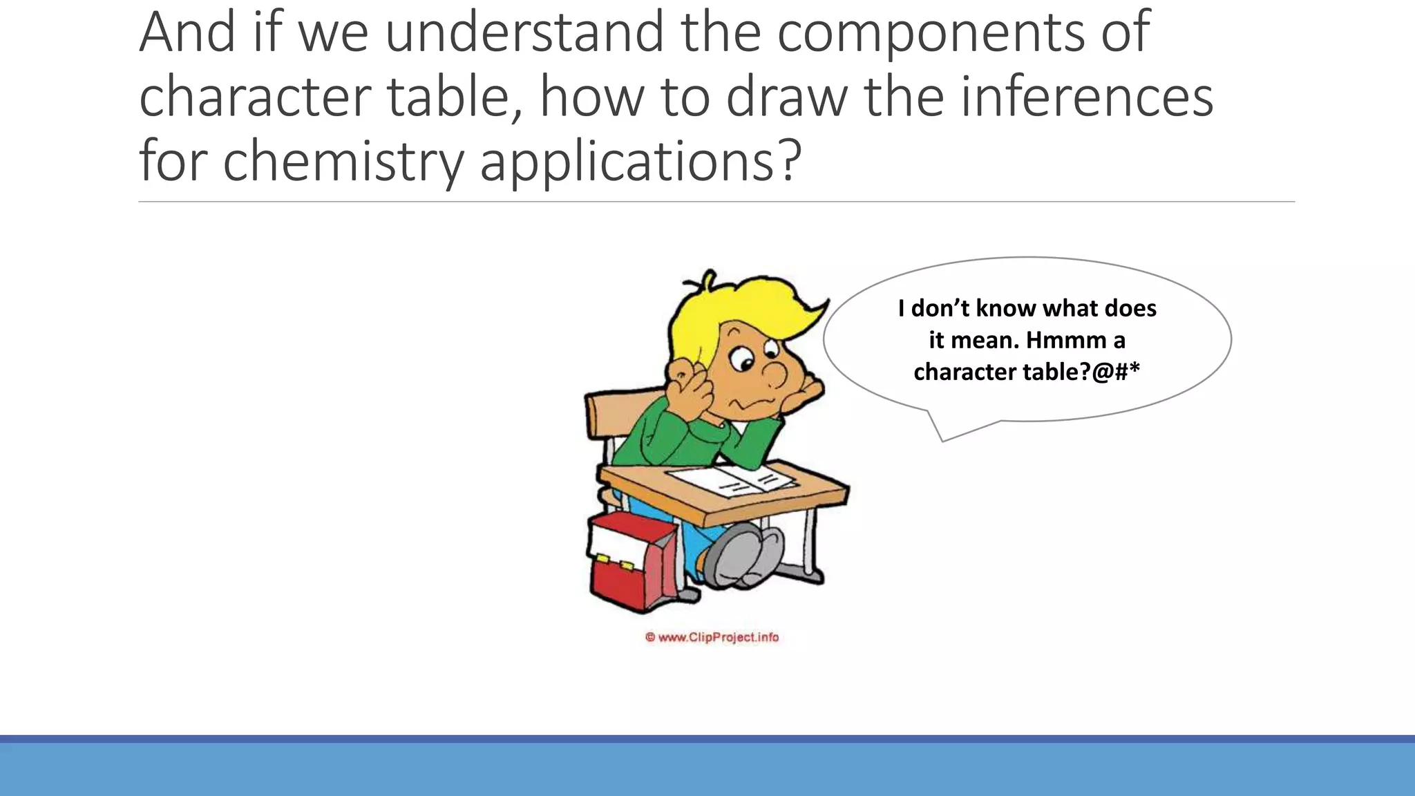 And if we understand the components of
character table, how to draw the inferences
for chemistry applications?
I don’t know what does
it mean. Hmmm a
character table?@#*
 
