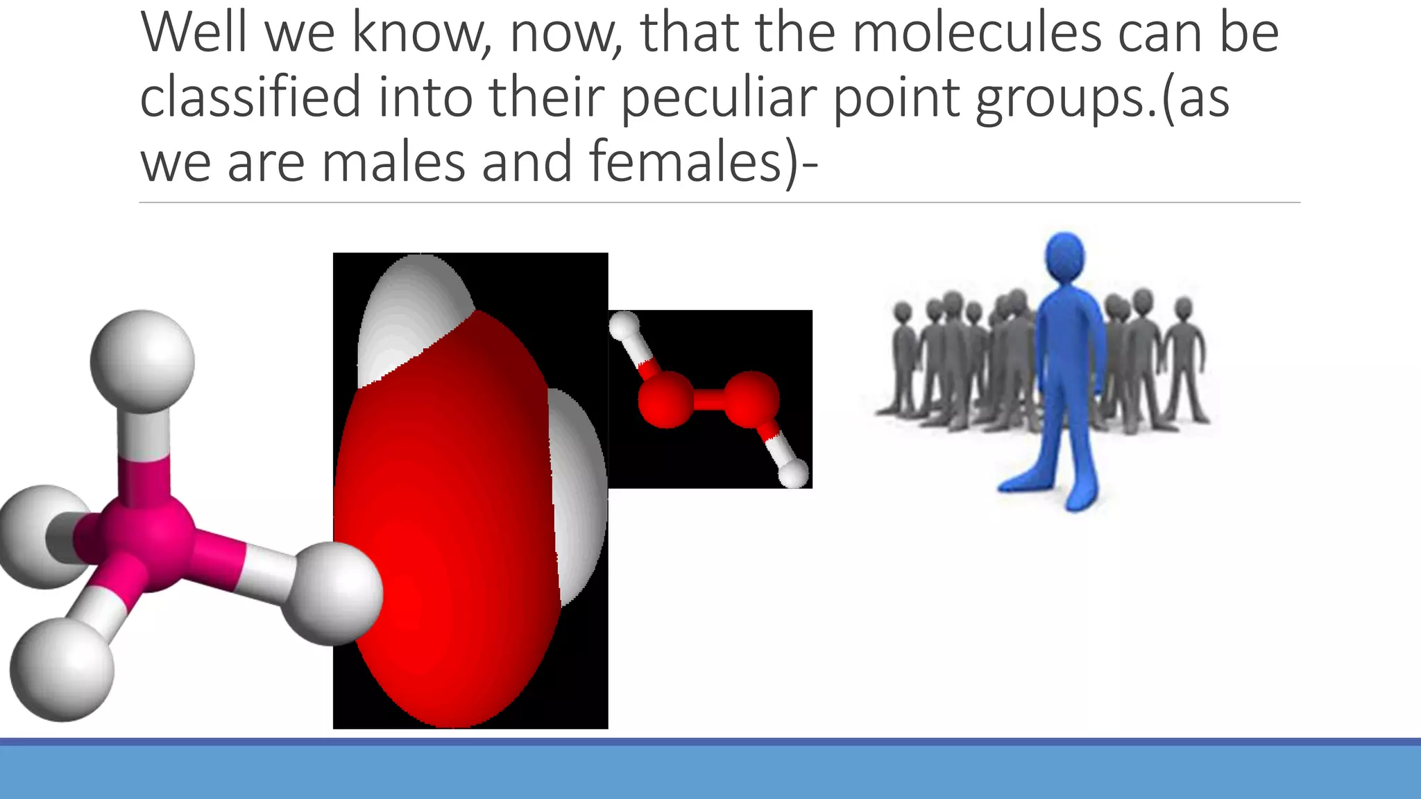 Well we know, now, that the molecules can be
classified into their peculiar point groups.(as
we are males and females)-
 