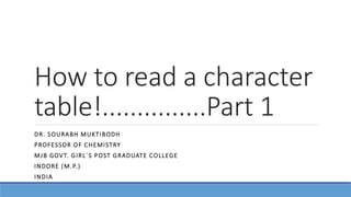 How to read a character
table!...............Part 1
DR. SOURABH MUKTIBODH
PROFESSOR OF CHEMISTRY
MJB GOVT. GIRL`S POST GRADUATE COLLEGE
INDORE (M.P.)
INDIA
 