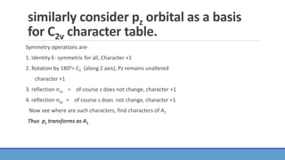 similarly consider pz orbital as a basis
for C2v character table.
Symmetry operations are-
1. Identity E- symmetric for all, Character +1
2. Rotation by 1800= C2 (along Z axis), Pz remains unaltered
character +1
3. reflection xz = of course z does not change, character +1
4. reflection yz = of course z does not change, character +1
Now see where are such characters, find characters of A1
Thus pz transforms as A1
 
