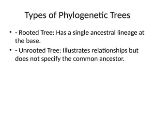 Types of Phylogenetic Trees
• - Rooted Tree: Has a single ancestral lineage at
the base.
• - Unrooted Tree: Illustrates relationships but
does not specify the common ancestor.
 