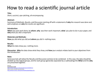 How to read a scientific journal article Title:   Short, succinct, eye-catching, all-encompassing Abstract:   Summary of Methods, Results, and Discussion starting off with a statement of why the research was done and with emphasis on why the results are significant. Introduction:   When was past work done, by whom, why  was their work important, what  you plan to do in your paper, and why what you did is important. Materials and Methods: How you did what you did and where you did it--nothing more. Results:  Whatthe data show you--nothing more. Discussion:  Why the data show what they show, and how your analysis relates back to your objectives from the Introduction. Note:   Some journals will allow the Results and Discussion sections to be combined.  In this case, the data should be divided up into logical groups, and for each group (generally separated by a subheading) the What and the why are presented together. Sources: Cornell Source URL:http://olinuris.library.cornell.edu/ref/research/skill28.htm How to read a scientific journal article: http://www2.fiu.edu/~collinsl/Article%20reading%20tips.htm 