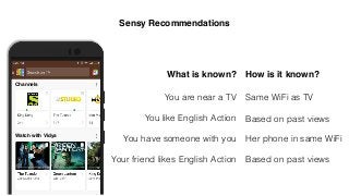 Sensy Recommendations
You are near a TV
What is known? How is it known?
You like English Action
You have someone with you
Same WiFi as TV
Based on past views
Her phone in same WiFi
Watch with Vidya
Channels
Your friend likes English Action Based on past views
 