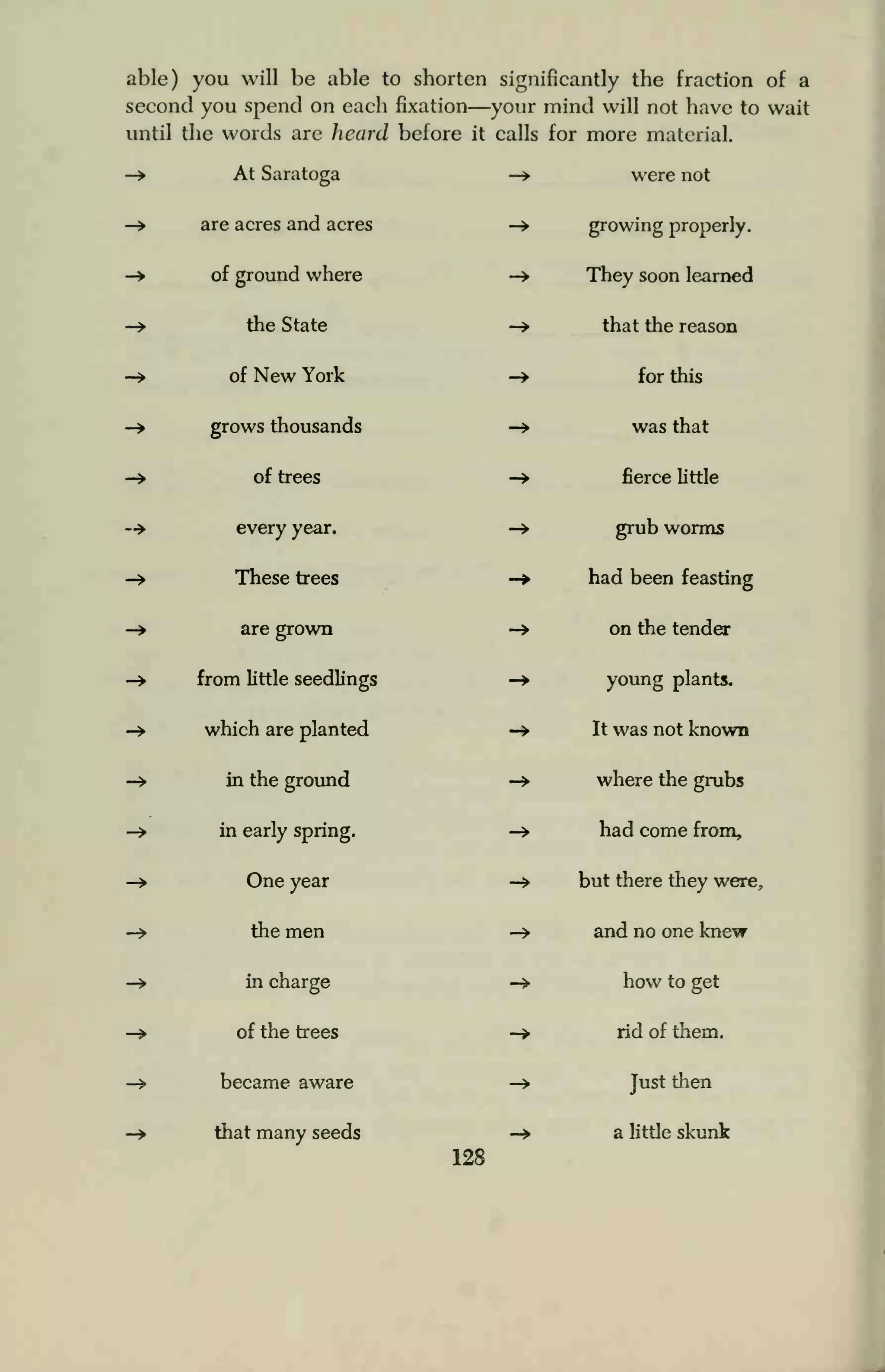 able) you will be able to shorten significantly the fraction of a
second you spend on each fixation—your mind will not have to wait
until the words are heard before it calls for more material.
-> At Saratoga
— are acres and acres
-> of ground where
-» the State
-» of New York
-» grows thousands
-> of trees
-» every year.
-» These trees
-» are grown
-» from little seedlings
-» which are planted
-» in the ground
-> in early spring.
-» One year
-> the men
-» in charge
-» of the trees
-> became aware
-> that many seeds
were not
growing properly.
They soon learned
that the reason
for this
was that
fierce little
grub worms
had been feasting
on the tender
young plants.
It was not known
where the grubs
had come from,
but there they were,
and no one knew
how to get
rid of them.
Just then
a little skunk
128
 