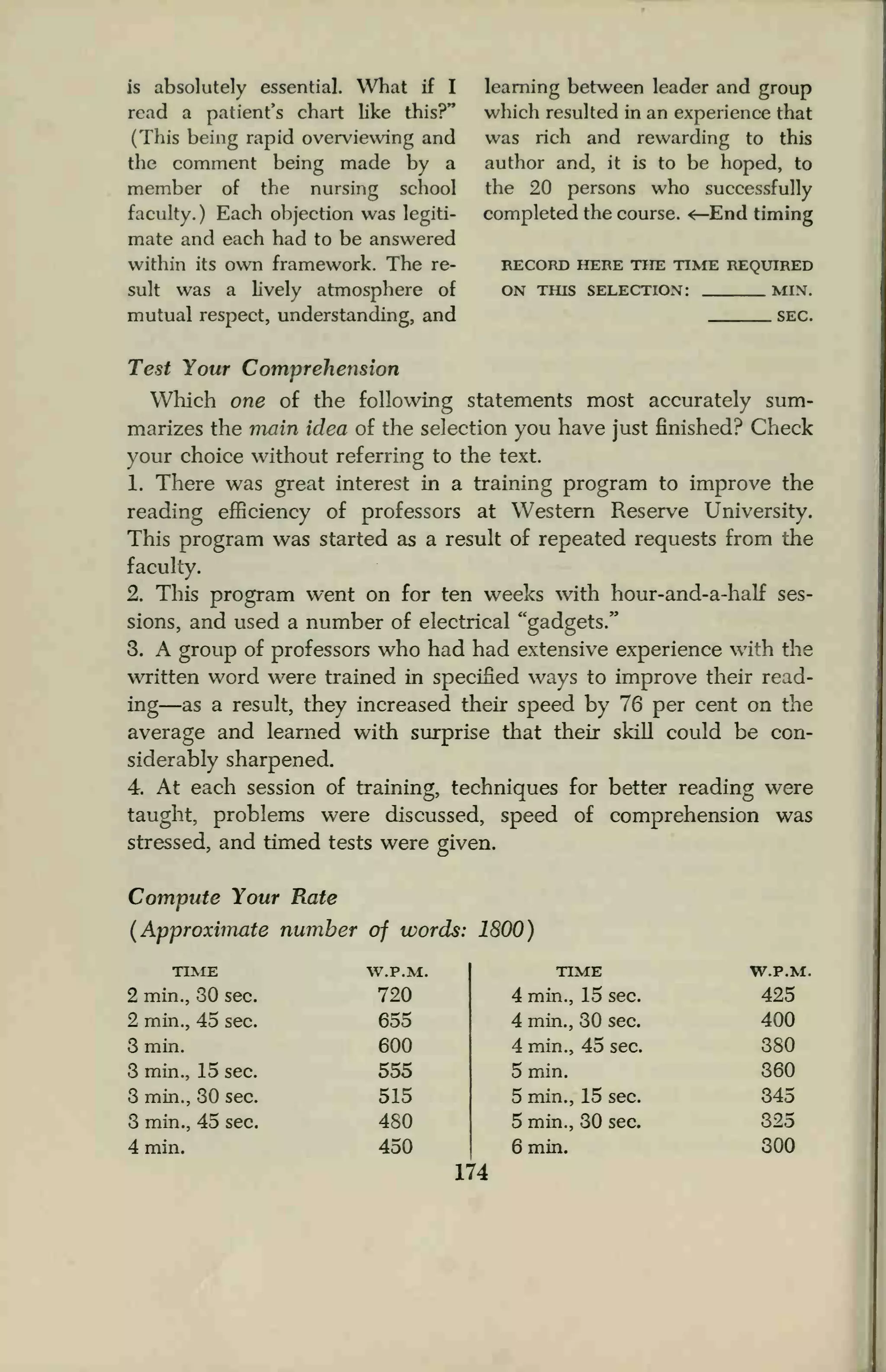 is absolutely essential. What if I
read a patient's chart like this?"
(This being rapid overviewing and
the comment being made by a
member of the nursing school
faculty. ) Each objection was legiti-
mate and each had to be answered
within its own framework. The re-
sult was a lively atmosphere of
mutual respect, understanding, and
learning between leader and group
which resulted in an experience that
was rich and rewarding to this
author and, it is to be hoped, to
the 20 persons who successfully
completed the course. <—End timing
RECORD HERE THE TIME REQUIRED
ON THIS SELECTION: MIN.
SEC.
Test Your Comprehension
Which one of the following statements most accurately sum-
marizes the main idea of the selection you have just finished? Check
your choice without referring to the text.
1. There was great interest in a training program to improve the
reading efficiency of professors at Western Reserve University.
This program was started as a result of repeated requests from the
faculty.
2. This program went on for ten weeks with hour-and-a-half ses-
sions, and used a number of electrical "gadgets."
3. A group of professors who had had extensive experience with the
written word were trained in specified ways to improve their read-
ing—as a result, they increased their speed by 76 per cent on the
average and learned with surprise that their skill could be con-
siderably sharpened.
4. At each session of training, techniques for better reading were
taught, problems were discussed, speed of comprehension was
stressed, and timed tests were given.
Compute Your Rate
(Approximate number of words: 1800)
TIME W.P.M
2 min., 30 sec. 720
2 min., 45 sec. 655
3 min. 600
3 min., 15 sec. 555
3 min., 30 sec. 515
3 min., 45 sec. 480
4 min. 450
TIME
4 min., 15 sec.
4 min., 30 sec.
4 min., 45 sec.
5 min.
5 min., 15 sec.
5 min., 30 see.
6 min.
W.P.M.
425
400
380
360
345
325
300
174
 