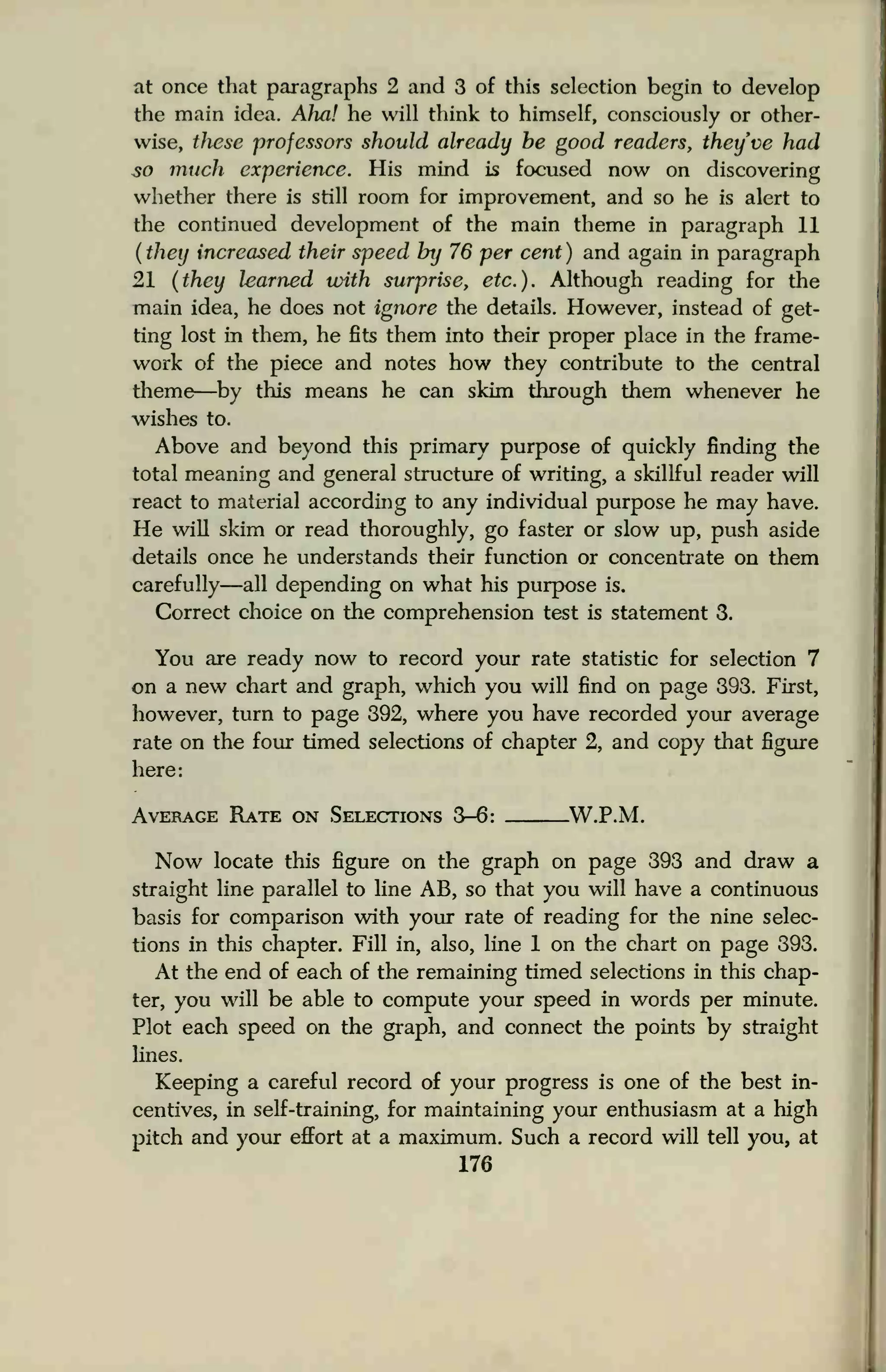 at once that paragraphs 2 and 3 of this selection begin to develop
the main idea. Aha! he will think to himself, consciously or other-
wise, these professors should already be good readers, they've had
so much experience. His mind is focused now on discovering
whether there is still room for improvement, and so he is alert to
the continued development of the main theme in paragraph 11
(they increased their speed by 76 per cent) and again in paragraph
21 (they learned with surprise, etc.). Although reading for the
main idea, he does not ignore the details. However, instead of get-
ting lost in them, he fits them into their proper place in the frame-
work of the piece and notes how they contribute to the central
theme—by this means he can skim through them whenever he
wishes to.
Above and beyond this primary purpose of quickly finding the
total meaning and general structure of writing, a skillful reader will
react to material according to any individual purpose he may have.
He will skim or read thoroughly, go faster or slow up, push aside
details once he understands their function or concentrate on them
carefully—all depending on what his purpose is.
Correct choice on the comprehension test is statement 3.
You are ready now to record your rate statistic for selection 7
on a new chart and graph, which you will find on page 393. First,
however, turn to page 392, where you have recorded your average
rate on the four timed selections of chapter 2, and copy that figure
here:
Average Rate on Selections 3-6: W.P.M.
Now locate this figure on the graph on page 393 and draw a
straight line parallel to line AB, so that you will have a continuous
basis for comparison with your rate of reading for the nine selec-
tions in this chapter. Fill in, also, line 1 on the chart on page 393.
At the end of each of the remaining timed selections in this chap-
ter, you will be able to compute your speed in words per minute.
Plot each speed on the graph, and connect the points by straight
lines.
Keeping a careful record of your progress is one of the best in-
centives, in self-training, for maintaining your enthusiasm at a high
pitch and your effort at a maximum. Such a record will tell you, at
176
 