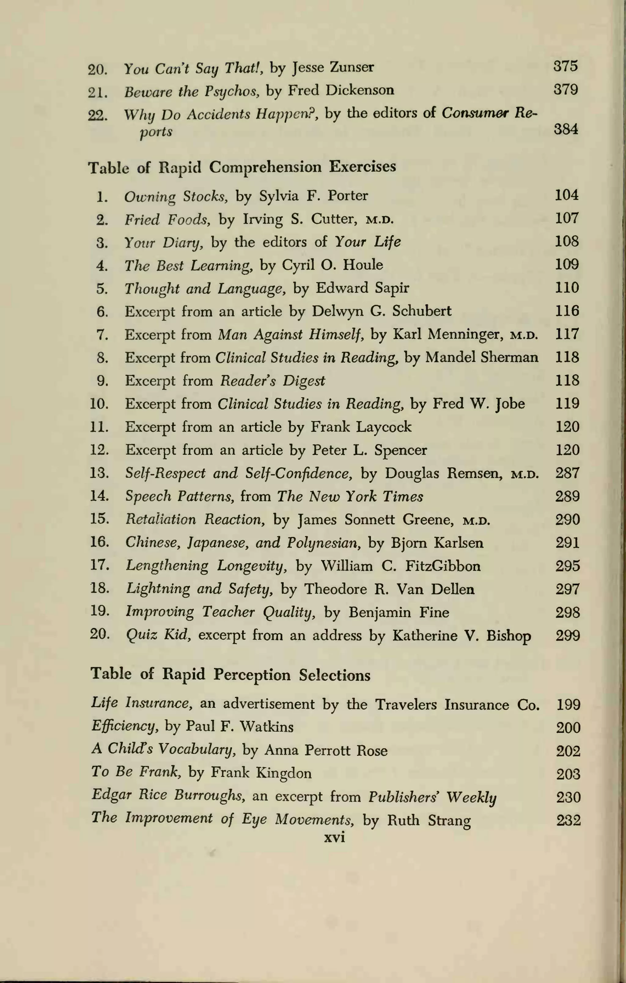 20. You Can't Say That!, by Jesse Zunser 375
21. Beware the Psychos, by Fred Dickenson 379
22. Why Do Accidents Happen?, by the editors of Consumer Re-
ports 384
Table of Rapid Comprehension Exercises
1. Owning Stocks, by Sylvia F. Porter 104
2. Fried Foods, by Irving S. Cutter, m.d. 107
3. Your Diary, by the editors of Your Life 108
4. The Best Learning, by Cyril O. Houle 109
5. Thought and Language, by Edward Sapir 110
6. Excerpt from an article by Delwyn G. Schubert 116
7. Excerpt from Man Against Himself, by Karl Menninger, m.d. 117
8. Excerpt from Clinical Studies in Reading, by Mandel Sherman 118
9. Excerpt from Reader's Digest 118
10. Excerpt from Clinical Studies in Reading, by Fred W. Jobe 119
11. Excerpt from an article by Frank Laycock 120
12. Excerpt from an article by Peter L. Spencer 120
13. Self-Respect and Self-Confidence, by Douglas Remsen, m.d. 287
14. Speech Patterns, from The New York Times 289
15. Retaliation Reaction, by James Sonnett Greene, m.d. 290
16. Chinese, Japanese, and Polynesian, by Bjorn Karlsen 291
17. Lengthening Longevity, by William C. FitzGibbon 295
18. Lightning and Safety, by Theodore R. Van Dellen 297
19. Improving Teacher Quality, by Benjamin Fine 298
20. Quiz Kid, excerpt from an address by Katherine V. Bishop 299
Table of Rapid Perception Selections
Life Insurance, an advertisement by the Travelers Insurance Co. 199
Efficiency, by Paul F. Watkins 200
A Childs Vocabulary, by Anna Perrott Rose 202
To Be Frank, by Frank Kingdon 203
Edgar Rice Burroughs, an excerpt from Publishers Weekly 230
The Improvement of Eye Movements, by Ruth Strang 232
xvi
 