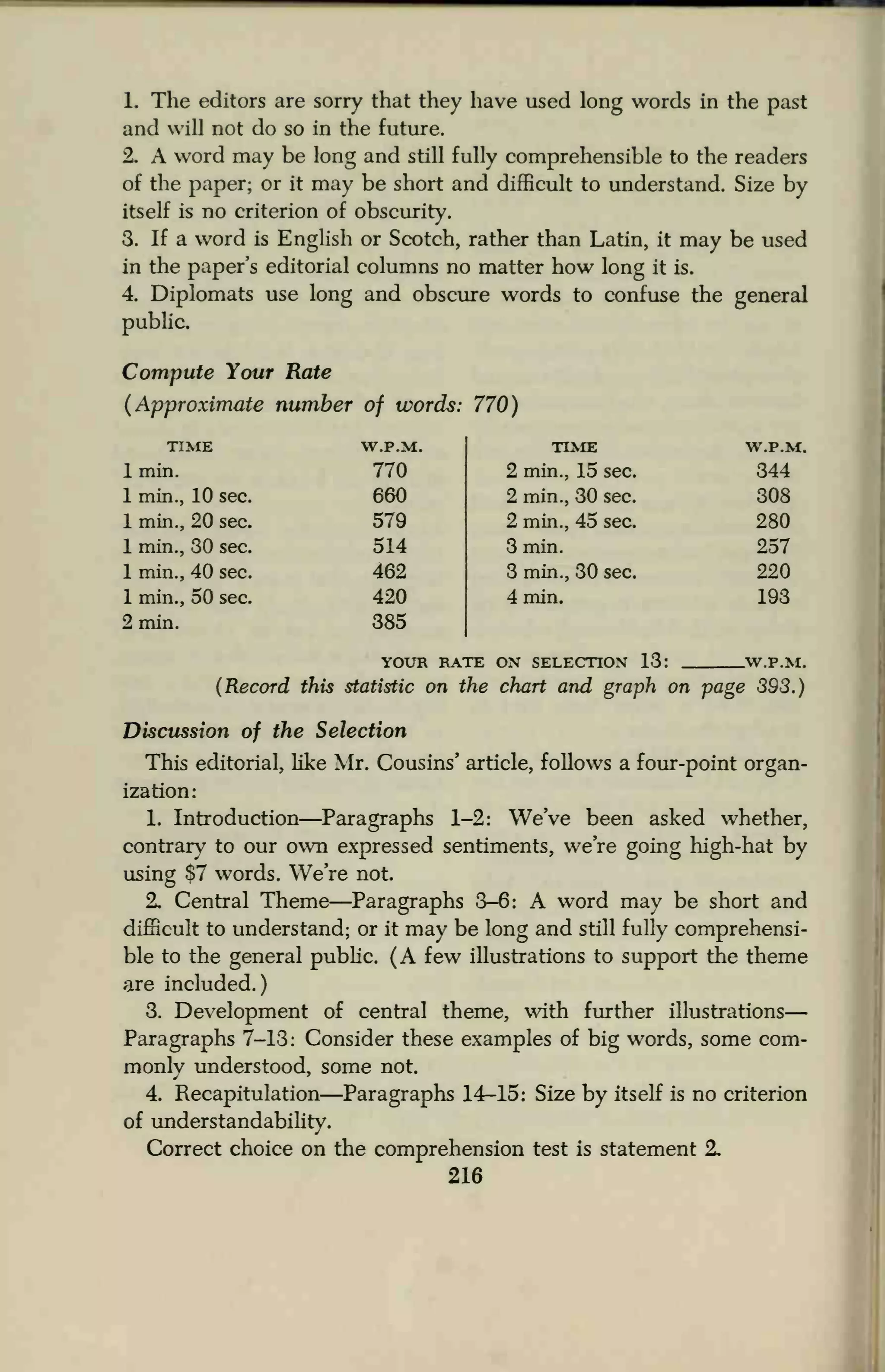 1. The editors are sorry that they have used long words in the past
and will not do so in the future.
2. A word may be long and still fully comprehensible to the readers
of the paper; or it may be short and difficult to understand. Size by
itself is no criterion of obscurity.
3. If a word is English or Scotch, rather than Latin, it may be used
in the paper's editorial columns no matter how long it is.
4. Diplomats use long and obscure words to confuse the general
public.
Compute Your Rate
(Approximate number of words: 770)
TIME
1 min.
1 min., 10 sec.
1 min., 20 sec.
1 min., 30 sec.
1 min., 40 sec.
1 min., 50 sec.
2 min.
(Record this statistic on the chart and graph on page 393.)
Discussion of the Selection
This editorial, like Mr. Cousins' article, follows a four-point organ-
ization:
1. Introduction—Paragraphs 1-2: We've been asked whether,
contrary to our own expressed sentiments, we're going high-hat by
using $7 words. We're not.
2. Central Theme—Paragraphs 3-6: A word may be short and
difficult to understand; or it may be long and still fully comprehensi-
ble to the general public. (A few illustrations to support the theme
are included.)
3. Development of central theme, with further illustrations
Paragraphs 7-13: Consider these examples of big words, some com-
monly understood, some not.
4. Recapitulation—Paragraphs 14-15: Size by itself is no criterion
of understandability.
Correct choice on the comprehension test is statement 2.
216
W.P.M. TIME W.P.M
770 2 min., 15 sec. 344
660 2 min., 30 sec. 308
579 2 min., 45 sec. 280
514 3 min. 257
462 3 min., 30 sec. 220
420 4 min. 193
385
YOUR RA'IE ON selection 13: W.P.M
 