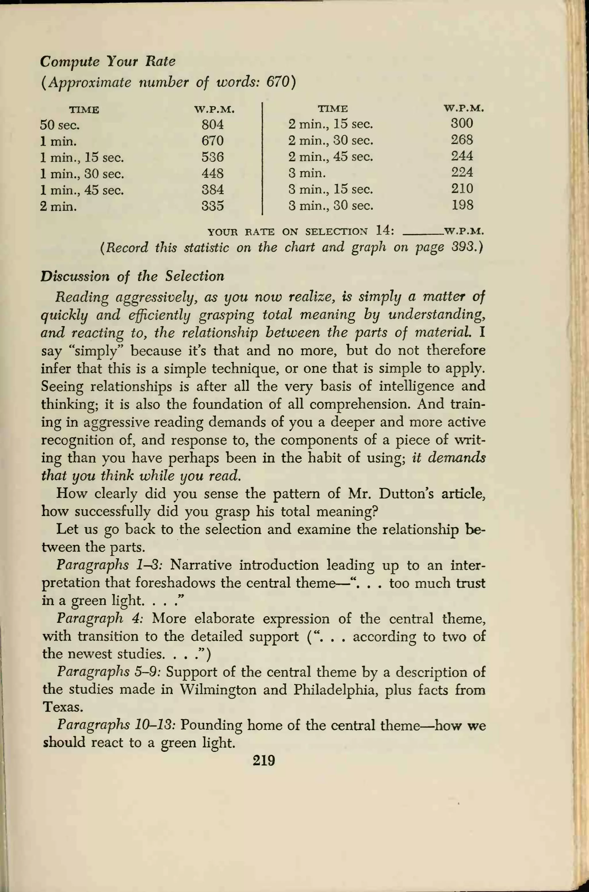 Compute Your Rate
(Approximate number of words: 670)
TIME W.P.M.
50 sec. 804
1 min. 670
1 min., 15 sec. 536
1 min., 30 sec. 448
1 min., 45 sec. 384
2 min. 335
TIME W.P.M.
2 min., 15 sec. 300
2 min., 30 sec. 268
2 min., 45 sec. 244
3 min. 224
3 min., 15 sec. 210
3 min., 30 sec. 198
YOUR RATE ON SELECTION 14: W.P.M.
(Record this statistic on the chart and graph on page 893.)
Discussion of the Selection
Reading aggressively, as you now realize, is simply a matter of
quickly and efficiently grasping total meaning by understanding,
and reacting to, the relationship between the parts of material I
say "simply" because it's that and no more, but do not therefore
infer that this is a simple technique, or one that is simple to apply.
Seeing relationships is after all the very basis of intelligence and
thinking; it is also the foundation of all comprehension. And train-
ing in aggressive reading demands of you a deeper and more active
recognition of, and response to, the components of a piece of writ-
ing than you have perhaps been in the habit of using; it demands
that you think while you read.
How clearly did you sense the pattern of Mr. Dutton's article,
how successfully did you grasp his total meaning?
Let us go back to the selection and examine the relationship be-
tween the parts.
Paragraphs 1-3: Narrative introduction leading up to an inter-
pretation that foreshadows the central theme
—" . . too much trust
in a green light. . .
."
Paragraph 4: More elaborate expression of the central theme,
with transition to the detailed support (". . . according to two of
the newest studies. . . .")
Paragraphs 5-9: Support of the central theme by a description of
the studies made in Wilmington and Philadelphia, plus facts from
Texas.
Paragraphs 10-13: Pounding home of the central theme—how we
should react to a green light.
219
 
