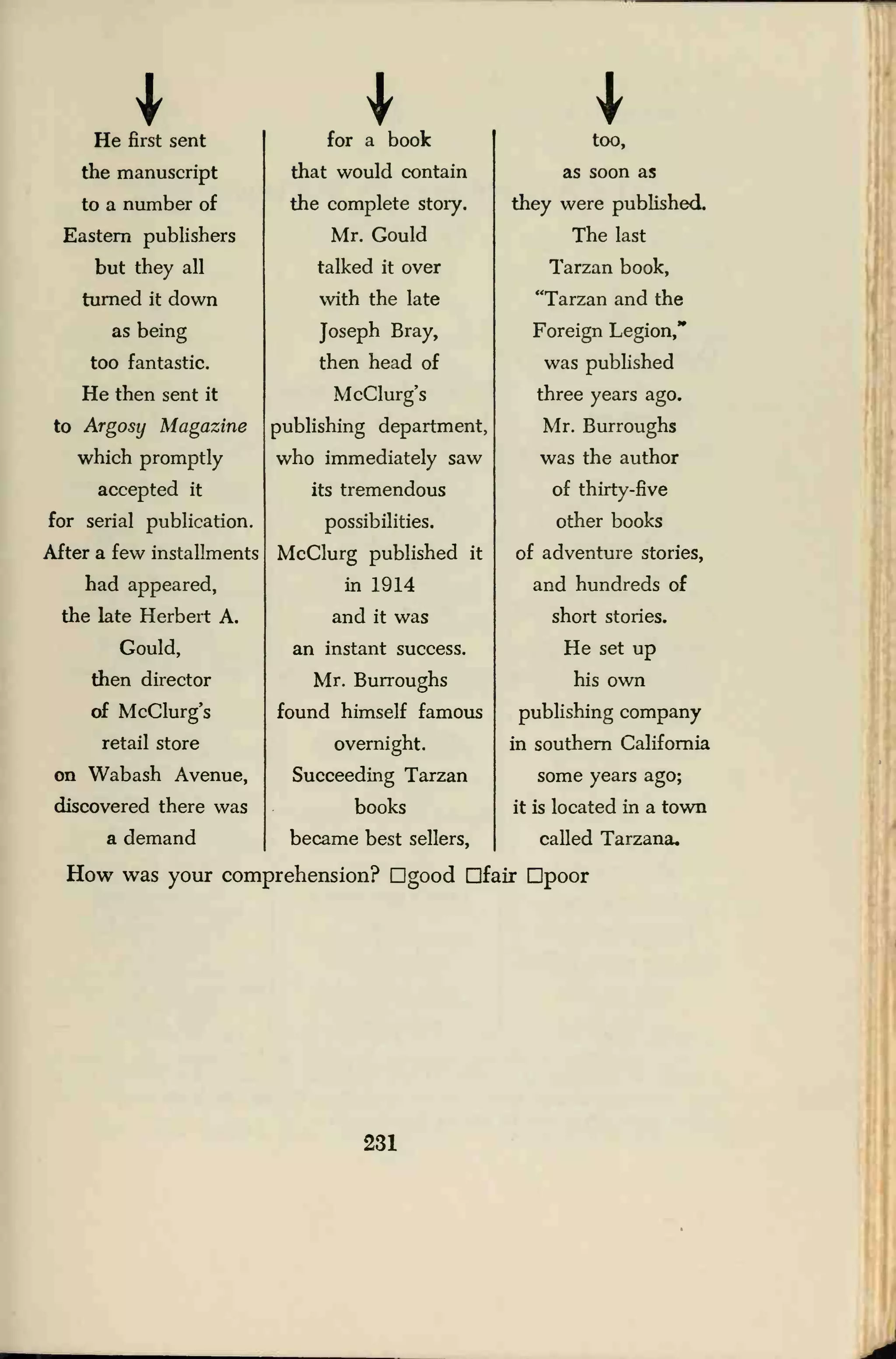 I I IHe first sent
the manuscript
to a number of
Eastern publishers
but they all
turned it down
as being
too fantastic.
He then sent it
to Argosy Magazine
which promptly
accepted it
for serial publication.
After a few installments
had appeared,
the late Herbert A.
Gould,
then director
of McClurg's
retail store
on Wabash Avenue,
discovered there was
a demand
for a book
that would contain
the complete story.
Mr. Gould
talked it over
with the late
Joseph Bray,
then head of
McClurg's
publishing department,
who immediately saw
its tremendous
possibilities.
McClurg published it
in 1914
and it was
an instant success.
Mr. Burroughs
found himself famous
overnight.
Succeeding Tarzan
books
became best sellers,
too,
as soon as
they were published.
The last
Tarzan book,
"Tarzan and the
Foreign Legion,"
was published
three years ago.
Mr. Burroughs
was the author
of thirty-five
other books
of adventure stories,
and hundreds of
short stories.
He set up
his own
publishing company
in southern California
some years ago;
it is located in a town
called Tarzana,
How was your comprehension? Dgood Ofair Dpoor
231
 