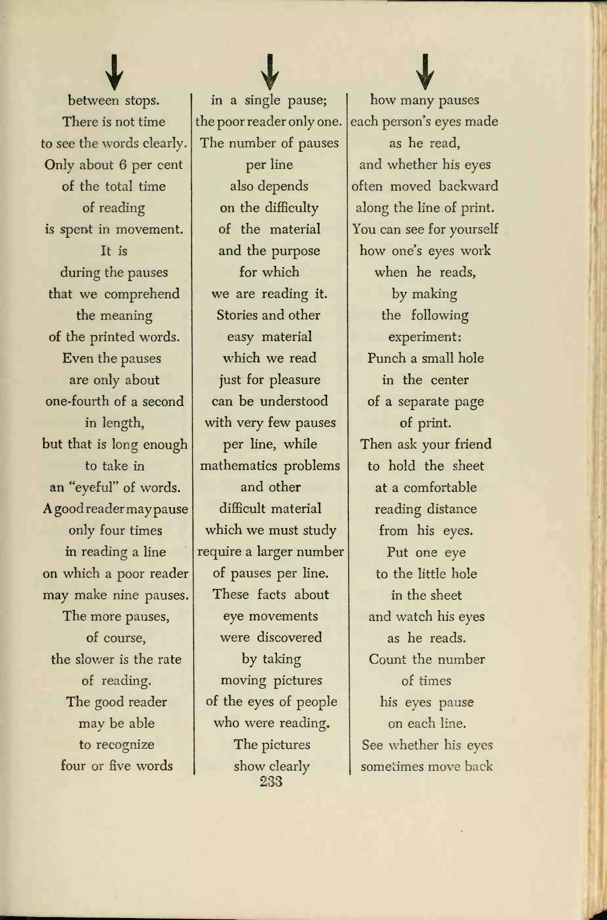 I I Ibetween stops.
There is not time
to see the words clearly.
Only about 6 per cent
of the total time
of reading
is spent in movement.
It is
during the pauses
that we comprehend
the meaning
of the printed words.
Even the pauses
are only about
one-fourth of a second
in length,
but that is long enough
to take in
an "eyeful" of words.
A good reader maypause
only four times
in reading a line
on which a poor reader
may make nine pauses.
The more pauses,
of course,
the slower is the rate
of reading.
The good reader
may be able
to recognize
four or five words
in a single pause;
the poor reader only one.
The number of pauses
per line
also depends
on the difficulty
of the material
and the purpose
for which
we are reading it.
Stories and other
easy material
which we read
just for pleasure
can be understood
with very few pauses
per line, while
mathematics problems
and other
difficult material
which we must study
require a larger number
of pauses per line.
These facts about
eye movements
were discovered
by taking
moving pictures
of the eyes of people
who were reading.
The pictures
show clearly
233
how many pauses
each person's eyes made
as he read,
and whether his eyes
often moved backward
along the line of print.
You can see for yourself
how one's eyes work
when he reads,
by making
the following
experiment:
Punch a small hole
in the center
of a separate page
of print.
Then ask your friend
to hold the sheet
at a comfortable
reading distance
from his eyes.
Put one eye
to the little hole
in the sheet
and watch his eyes
as he reads.
Count the number
of times
his eyes pause
on each line.
See whether his eyes
sometimes move back
 