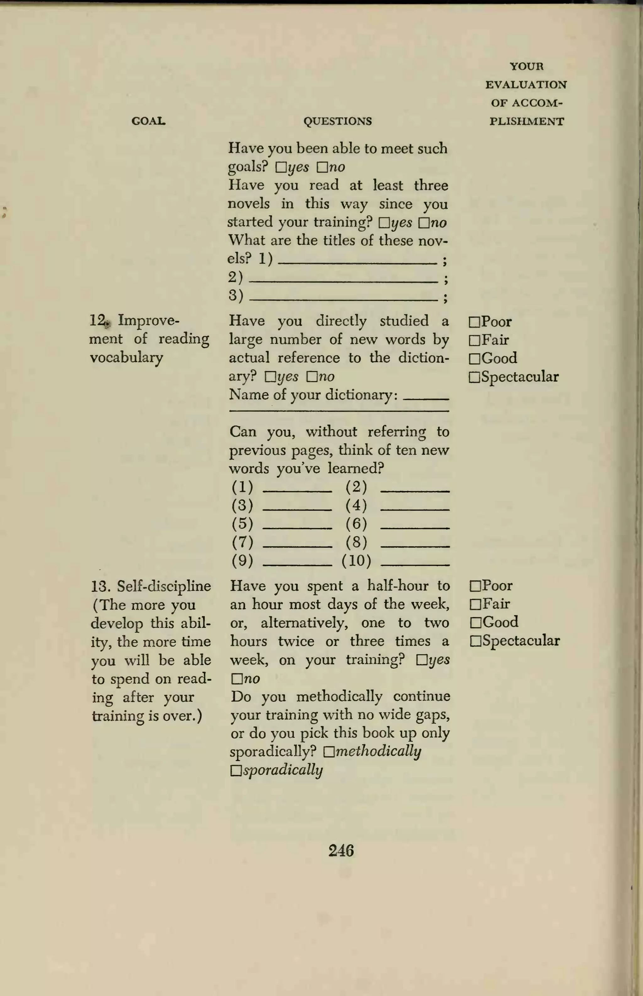 COAL
12* Improve-
ment of reading
vocabulary
13. Self-discipline
(The more you
develop this abil-
ity, the more time
you will be able
to spend on read-
ing after your
training is over.
QUESTIONS
Have you been able to meet such
goals? dyes Dno
Have you read at least three
novels in this way since you
started your training? Jyes Hno
What are the titles of these nov-
els? 1)
2)
3)
Have you directly studied a
large number of new words by
actual reference to the diction-
ary? Jyes Hno
Name of your dictionary:
Can you, without referring to
previous pages, think of ten new
words you've learned?
(i)
(3)
(5)
(7)
(9)
(2)
(4)
(6)
(8)
(10)
Have you spent a half-hour to
an hour most days of the week,
or, alternatively, one to two
hours twice or three times a
week, on your training? [Jyes
Dno
Do you methodically continue
your training with no wide gaps,
or do you pick this book up only
sporadically? ^methodically
3sporadically
YOUR
EVALUATION
OF ACCOM-
PLISHMENT
Poor
Fair
Good
Spectacular
Poor
Fair
Good
Spectacular
246
 