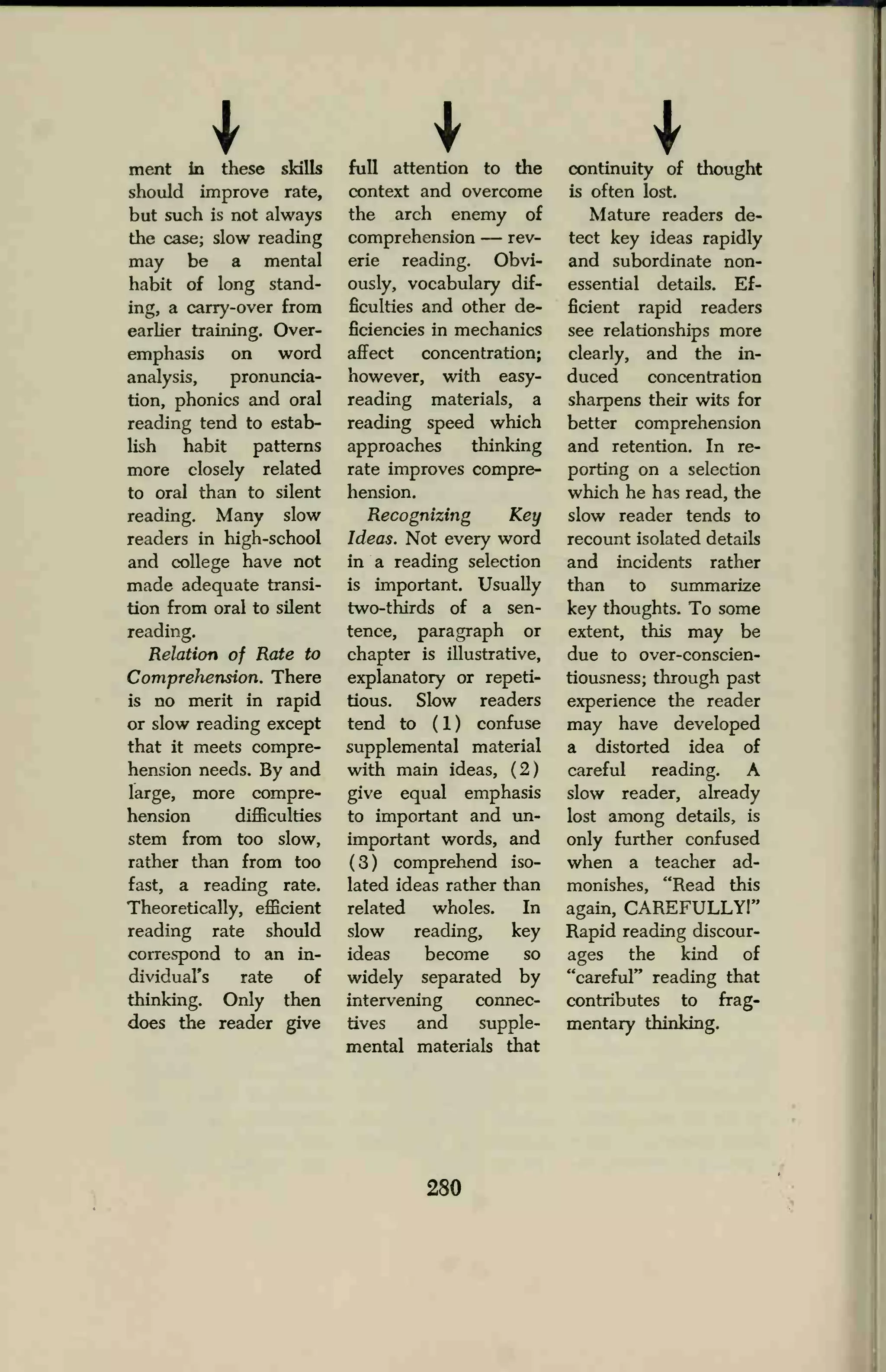 ment in these skills
should improve rate,
but such is not always
the case; slow reading
may be a mental
habit of long stand-
ing, a carry-over from
earlier training. Over-
emphasis on word
analysis, pronuncia-
tion, phonics and oral
reading tend to estab-
lish habit patterns
more closely related
to oral than to silent
reading. Many slow
readers in high-school
and college have not
made adequate transi-
tion from oral to silent
reading.
Relation of Rate to
Comprehension. There
is no merit in rapid
or slow reading except
that it meets compre-
hension needs. By and
large, more compre-
hension difficulties
stem from too slow,
rather than from too
fast, a reading rate.
Theoretically, efficient
reading rate should
correspond to an in-
dividual's rate of
thinking. Only then
does the reader give
full attention to the
context and overcome
the arch enemy of
comprehension — rev-
erie reading. Obvi-
ously, vocabulary dif-
ficulties and other de-
ficiencies in mechanics
affect concentration;
however, with easy-
reading materials, a
reading speed which
approaches thinking
rate improves compre-
hension.
Recognizing Key
Ideas. Not every word
in a reading selection
is important. Usually
two-thirds of a sen-
tence, paragraph or
chapter is illustrative,
explanatory or repeti-
tious. Slow readers
tend to ( 1 ) confuse
supplemental material
with main ideas, (2)
give equal emphasis
to important and un-
important words, and
( 3 ) comprehend iso-
lated ideas rather than
related wholes. In
slow reading, key
ideas become so
widely separated by
intervening connec-
tives and supple-
mental materials that
continuity of thought
is often lost.
Mature readers de-
tect key ideas rapidly
and subordinate non-
essential details. Ef-
ficient rapid readers
see relationships more
clearly, and the in-
duced concentration
sharpens their wits for
better comprehension
and retention. In re-
porting on a selection
which he has read, the
slow reader tends to
recount isolated details
and incidents rather
than to summarize
key thoughts. To some
extent, this may be
due to over-conscien-
tiousness; through past
experience the reader
may have developed
a distorted idea of
careful reading. A
slow reader, already
lost among details, is
only further confused
when a teacher ad-
monishes, "Read this
again, CAREFULLY!"
Rapid reading discour-
ages the kind of
"careful" reading that
contributes to frag-
mentary thinking.
280
 