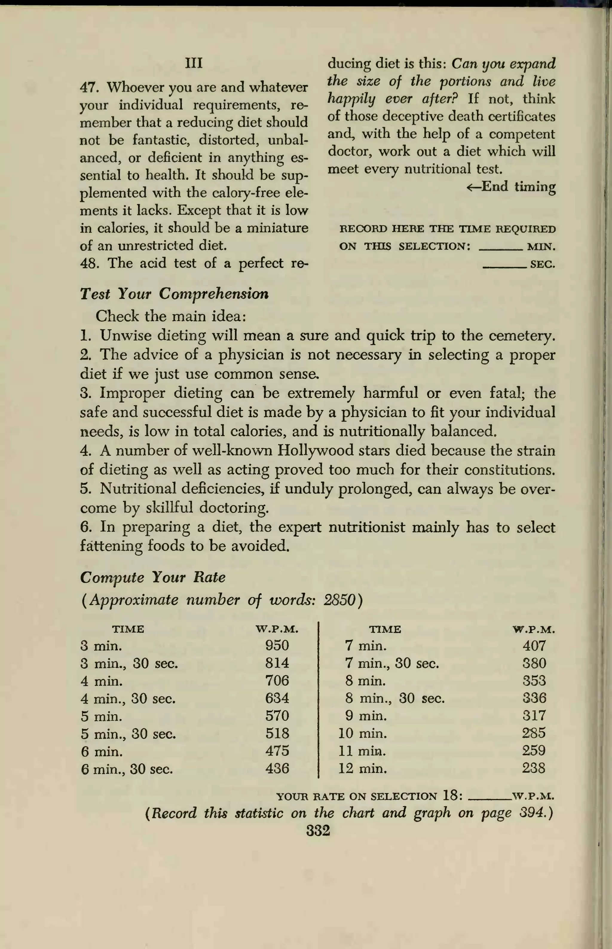 Ill
47. Whoever you are and whatever
your individual requirements, re-
member that a reducing diet should
not be fantastic, distorted, unbal-
anced, or deficient in anything es-
sential to health. It should be sup-
plemented with the calory-free ele-
ments it lacks. Except that it is low
in calories, it should be a miniature
of an unrestricted diet.
48. The acid test of a perfect re-
ducing diet is this: Can you expand
the size of the portions and live
happily ever after? If not, think
of those deceptive death certificates
and, with the help of a competent
doctor, work out a diet which will
meet every nutritional test.
<—End timing
RECORD HERE THE TIME REQUIRED
ON THIS SELECTION: MIN.
SEC.
Test Your Comprehension
Check the main idea:
1. Unwise dieting will mean a sure and quick trip to the cemetery.
2. The advice of a physician is not necessary in selecting a proper
diet if we just use common sense,
3. Improper dieting can be extremely harmful or even fatal; the
safe and successful diet is made by a physician to fit your individual
needs, is low in total calories, and is nutritionally balanced.
4. A number of well-known Hollywood stars died because the strain
of dieting as well as acting proved too much for their constitutions.
5. Nutritional deficiencies, if unduly prolonged, can always be over-
come by skillful doctoring.
6. In preparing a diet, the expert nutritionist mainly has to select
fattening foods to be avoided.
Compute Your Rate
(Approximate number of words: 2850)
TIME
3 min.
3 min., 30 sec.
4 min.
4 min., 30 sec.
5 min.
5 min., 30 sec.
6 min.
6 min., 30 sec.
(Record this statistic on the chart and graph on page 394.)
332
W.P.M. TIME W.P.M
950 7 min. 407
814 7 min., 30 sec. 380
706 8 min. 353
634 8 min., 30 sec. 336
570 9 min. 317
518 10 min. 285
475 11 min. 259
436 12 min. 238
YOUR I,ATE ON SELECTION 18: W.P.M
 