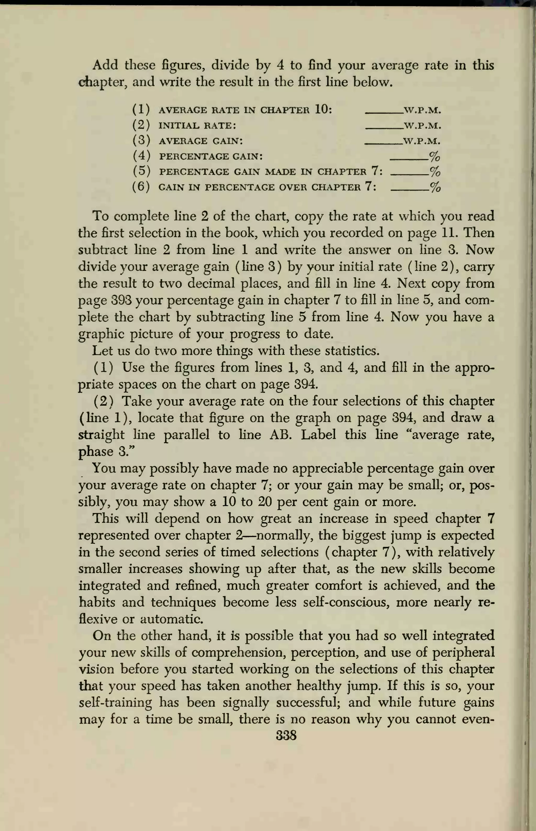 Add these figures, divide by 4 to find your average rate in this
chapter, and write the result in the first line below.
(1) AVERAGE RATE IN CHAPTER 10: W.P.M.
(2) INITIAL RATE: W.P.M.
(3) AVERAGE GAIN: W.P.M.
(4) PERCENTAGE GAIN: %
(5) PERCENTAGE GAIN MADE IN CHAPTER 7: %
(6) GAIN IN PERCENTAGE OVER CHAPTER 1 '.
%
To complete line 2 of the chart, copy the rate at which you read
the first selection in the book, which you recorded on page 11. Then
subtract line 2 from line 1 and write the answer on line 3. Now
divide your average gain ( line 3 ) by your initial rate ( line 2 ) , carry
the result to two decimal places, and fill in line 4. Next copy from
page 393 your percentage gain in chapter 7 to fill in line 5, and com-
plete the chart by subtracting line 5 from line 4. Now you have a
graphic picture of your progress to date.
Let us do two more things with these statistics.
( 1 ) Use the figures from lines 1, 3, and 4, and fill in the appro-
priate spaces on the chart on page 394.
(2) Take your average rate on the four selections of this chapter
(line 1), locate that figure on the graph on page 394, and draw a
straight line parallel to line AB. Label this line "average rate,
phase 3."
You may possibly have made no appreciable percentage gain over
your average rate on chapter 7; or your gain may be small; or, pos-
sibly, you may show a 10 to 20 per cent gain or more.
This will depend on how great an increase in speed chapter 7
represented over chapter 2—normally, the biggest jump is expected
in the second series of timed selections (chapter 7), with relatively
smaller increases showing up after that, as the new skills become
integrated and refined, much greater comfort is achieved, and the
habits and techniques become less self-conscious, more nearly re-
flexive or automatic.
On the other hand, it is possible that you had so well integrated
your new skills of comprehension, perception, and use of peripheral
vision before you started working on the selections of this chapter
that your speed has taken another healthy jump. If this is so, your
self-training has been signally successful; and while future gains
may for a time be small, there is no reason why you cannot even-
338
 