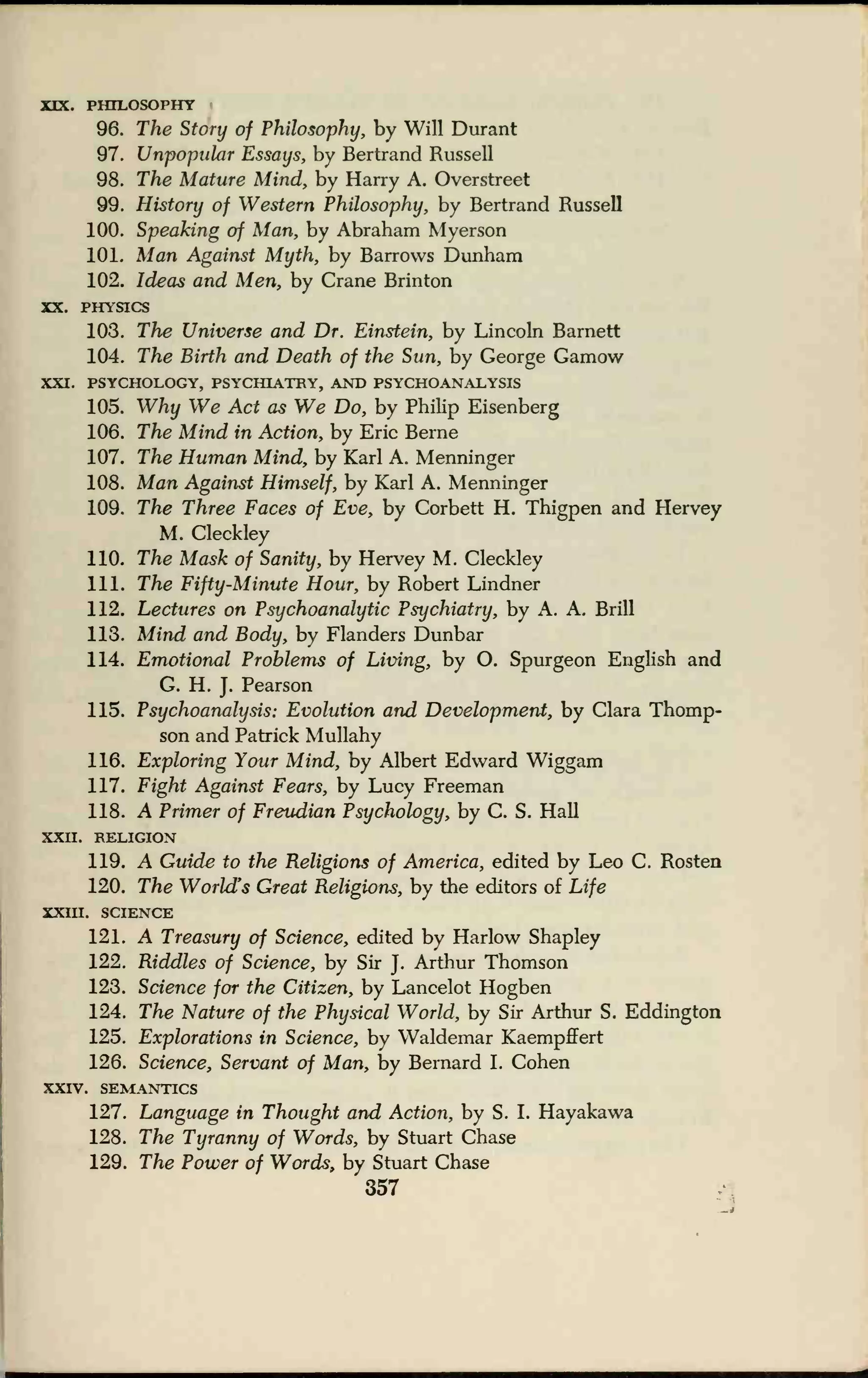 XIX. PHILOSOPHY
96. The Story of Philosophy, by Will Durant
97. Unpopular Essays, by Bertrand Russell
98. The Mature Mind, by Harry A. Overstreet
99. History of Western Philosophy, by Bertrand Russell
100. Speaking of Man, by Abraham Myerson
101. Man Against Myth, by Barrows Dunham
102. Ideas and Men, by Crane Brinton
XX. PHYSICS
103. The Universe and Dr. Einstein, by Lincoln Barnett
104. The Birth and Death of the Sun, by George Gamow
XXI. PSYCHOLOGY, PSYCHIATRY, AND PSYCHOANALYSIS
105. Why We Act as We Do, by Philip Eisenberg
106. The Mind in Action, by Eric Berne
107. The Human Mind, by Karl A. Menninger
108. Man Against Himself, by Karl A. Menninger
109. The Three Faces of Eve, by Corbett H. Thigpen and Hervey
M. Cleckley
110. The Mask of Sanity, by Hervey M. Cleckley
111. The Fifty-Minute Hour, by Robert Lindner
112. Lectures on Psychoanalytic Psychiatry, by A. A. Brill
113. Mind and Body, by Flanders Dunbar
114. Emotional Problems of Living, by O. Spurgeon English and
G. H. J.
Pearson
115. Psychoanalysis: Evolution and Development, by Clara Thomp-
son and Patrick Mullahy
116. Exploring Your Mind, by Albert Edward Wiggam
117. Fight Against Fears, by Lucy Freeman
118. A Primer of Freudian Psychology, by C. S. Hall
XXH. RELIGION
119. A Guide to the Religions of America, edited by Leo C. Rosten
120. The World's Great Religions, by the editors of Life
XXIII. SCIENCE
121. A Treasury of Science, edited by Harlow Shapley
122. Riddles of Science, by Sir J.
Arthur Thomson
123. Science for the Citizen, by Lancelot Hogben
124. The Nature of the Physical World, by Sir Arthur S. Eddington
125. Explorations in Science, by Waldemar Kaempffert
126. Science, Servant of Man, by Bernard I. Cohen
XXIV. SEMANTICS
127. Language in Thought and Action, by S. I. Hayakawa
128. The Tyranny of Words, by Stuart Chase
129. The Power of Words, by Stuart Chase
357
 