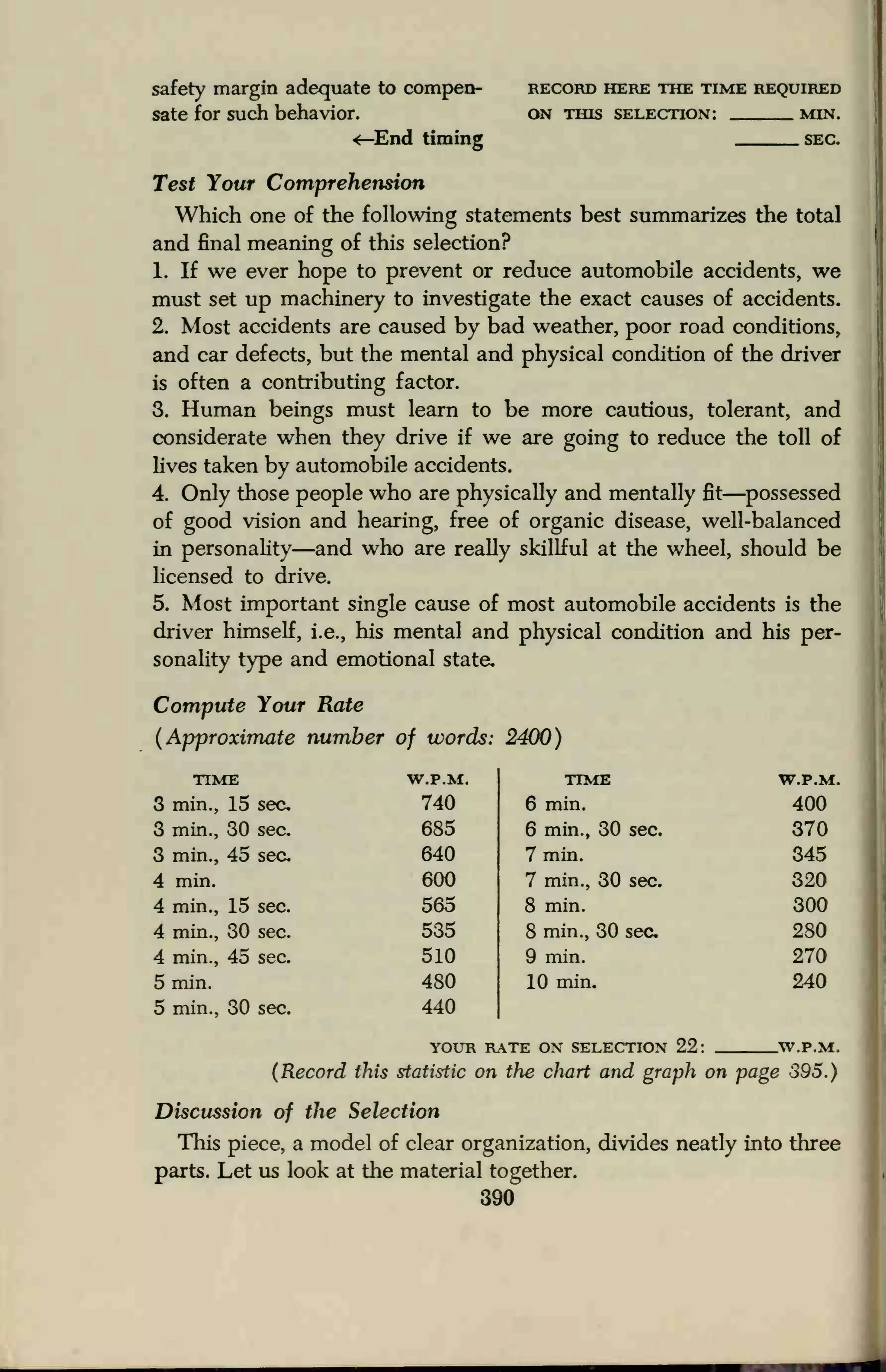 safety margin adequate to compen- record here the time required
sate for such behavior. on this selection: min.
<—End timing sec.
Test Your Comprehension
Which one of the following statements best summarizes the total
and final meaning of this selection?
1. If we ever hope to prevent or reduce automobile accidents, we
must set up machinery to investigate the exact causes of accidents.
2. Most accidents are caused by bad weather, poor road conditions,
and car defects, but the mental and physical condition of the driver
is often a contributing factor.
3. Human beings must learn to be more cautious, tolerant, and
considerate when they drive if we are going to reduce the toll of
lives taken by automobile accidents.
4. Only those people who are physically and mentally fit
—possessed
of good vision and hearing, free of organic disease, well-balanced
in personality—and who are really skillful at the wheel, should be
licensed to drive.
5. Most important single cause of most automobile accidents is the
driver himself, i.e., his mental and physical condition and his per-
sonality type and emotional state.
Compute Your Rate
(Approximate number of words: 2400)
time
3 min., 15 sec
3 min., 30 sec.
3 min., 45 sec.
4 min.
4 min., 15 sec.
4 min., 30 sec.
4 min., 45 sec.
5 min.
5 min., 30 sec.
W.P.M. TTME W.P.M
740 6 min. 400
685 6 min., 30 sec. 370
640 7 min. 345
600 7 min., 30 sec. 320
565 8 min. 300
535 8 min., 30 sec 280
510 9 min. 270
480 10 min. 240
440
YOUR RTE ox selection 22: W.P.M
(Record this statistic on the chart and graph on page 395.)
Discussion of the Selection
This piece, a model of clear organization, divides neatly into three
parts. Let us look at the material together.
390
 