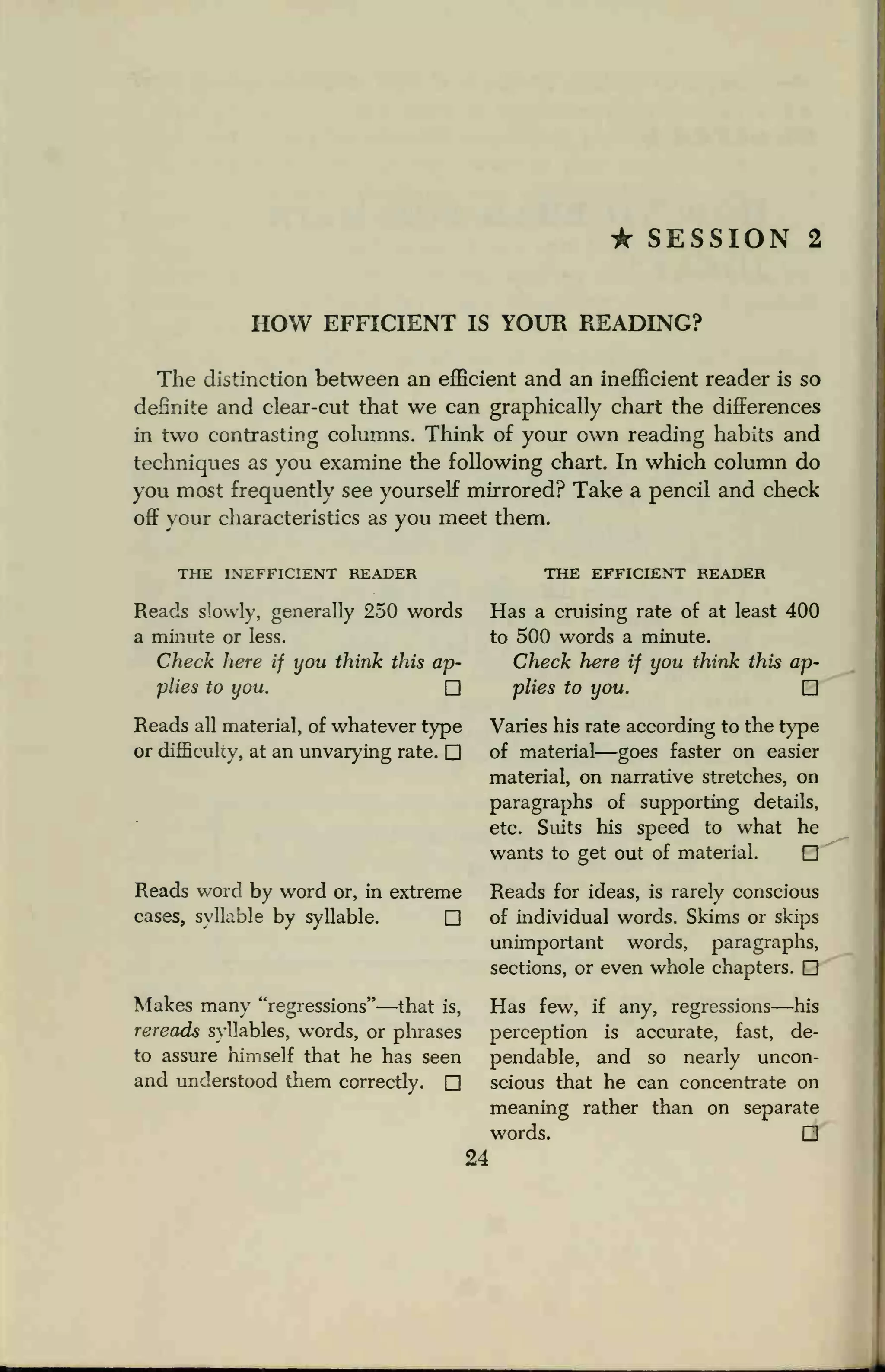 • SESSION 2
HOW EFFICIENT IS YOUR READING?
The distinction between an efficient and an inefficient reader is so
definite and clear-cut that we can graphically chart the differences
in two contrasting columns. Think of your own reading habits and
techniques as you examine the following chart. In which column do
you most frequently see yourself mirrored? Take a pencil and check
off your characteristics as you meet them.
THE INEFFICIENT READER
Reads slowly, generally 250 words
a minute or less.
Check here if you think this ap-
plies to you.
Reads all material, of whatever type
or difficulty, at an unvarying rate.
Reads word by word or, in extreme
cases, syllable by syllable. Q
Makes many "regressions"—that is,
rereads syllables, words, or phrases
to assure himself that he has seen
and understood them correctly. Q
THE EFFICIENT READER
Has a cruising rate of at least 400
to 500 words a minute.
Check here if you think this ap-
plies to you.
Varies his rate according to the type
of material—goes faster on easier
material, on narrative stretches, on
paragraphs of supporting details,
etc. Suits his speed to what he
wants to get out of material. Q
Reads for ideas, is rarely conscious
of individual words. Skims or skips
unimportant words, paragraphs,
sections, or even whole chapters.
Has few, if any, regressions—his
perception is accurate, fast, de-
pendable, and so nearly uncon-
scious that he can concentrate on
meaning rather than on separate
words.
24
 