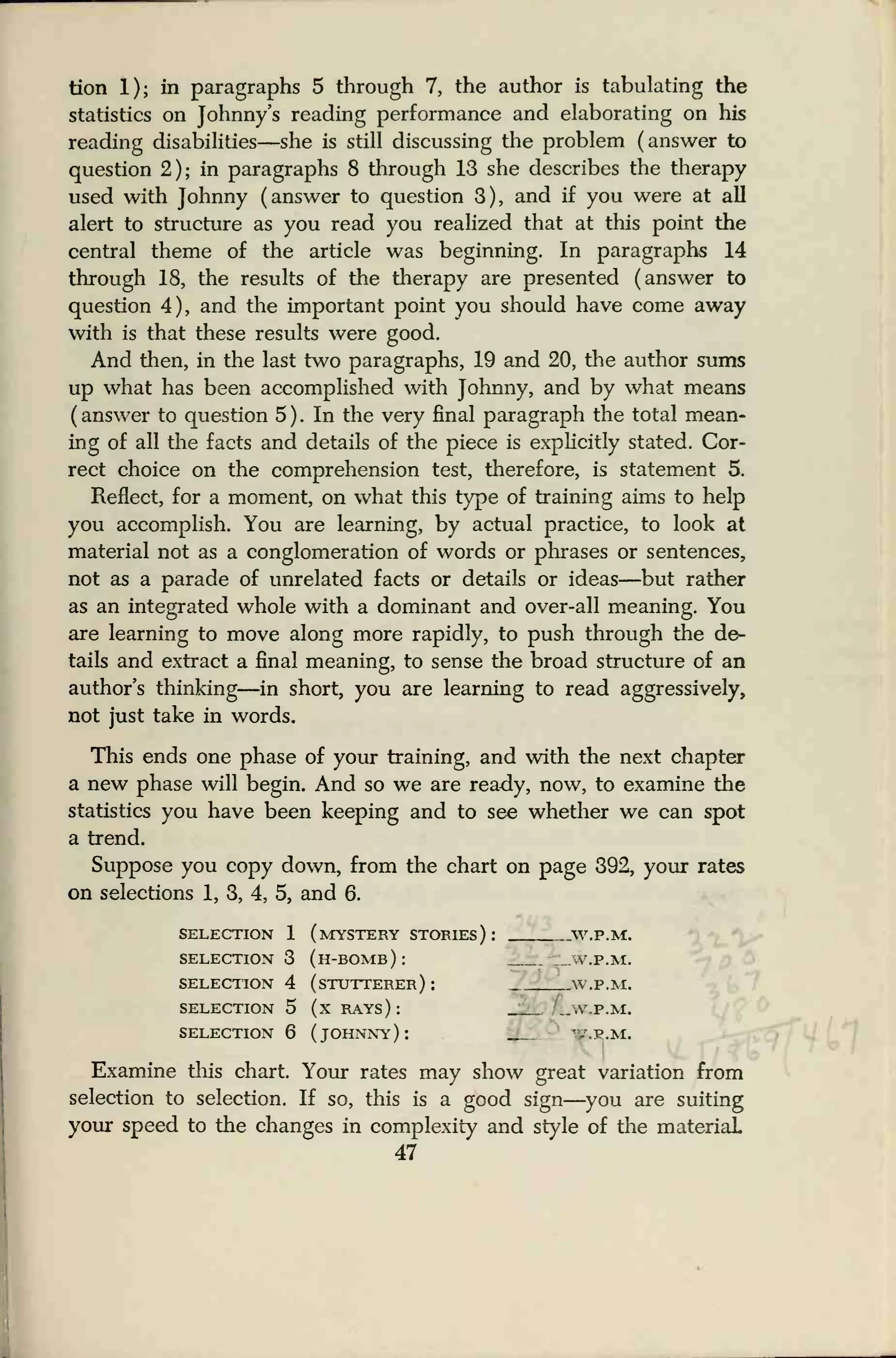 tion 1); in paragraphs 5 through 7, the author is tabulating the
statistics on Johnny's reading performance and elaborating on his
reading disabilities—she is still discussing the problem (answer to
question 2); in paragraphs 8 through 13 she describes the therapy
used with Johnny (answer to question 3), and if you were at all
alert to structure as you read you realized that at this point the
central theme of the article was beginning. In paragraphs 14
through 18, the results of the therapy are presented (answer to
question 4), and the important point you should have come away
with is that these results were good.
And then, in the last two paragraphs, 19 and 20, the author sums
up what has been accomplished with Johnny, and by what means
( answer to question 5 ) . In the very final paragraph the total mean-
ing of all die facts and details of the piece is explicitly stated. Cor-
rect choice on the comprehension test, therefore, is statement 5.
Reflect, for a moment, on what this type of training aims to help
you accomplish. You are learning, by actual practice, to look at
material not as a conglomeration of words or phrases or sentences,
not as a parade of unrelated facts or details or ideas—but rather
as an integrated whole with a dominant and over-all meaning. You
are learning to move along more rapidly, to push through the de-
tails and extract a final meaning, to sense the broad structure of an
author's thinking—in short, you are learning to read aggressively,
not just take in words.
This ends one phase of your training, and with the next chapter
a new phase will begin. And so we are ready, now, to examine the
statistics you have been keeping and to see whether we can spot
a trend.
Suppose you copy down, from the chart on page 392, your rates
on selections 1, 3, 4, 5, and 6.
SELECTION 1 (MYSTERY STORIES ) : _W.P.M.
SELECTION 3 (H-BOMB): W.P.M.
SELECTION 4 (STUTTERER): W.P.M.
SELECTION 5 (X RAYS): ''..W.P.M.
SELECTION 6 (JOHNNY): '/.P.M.
Examine this chart. Your rates may show great variation from
selection to selection. If so, this is a good sign—you are suiting
your speed to the changes in complexity and style of the material.
47
 