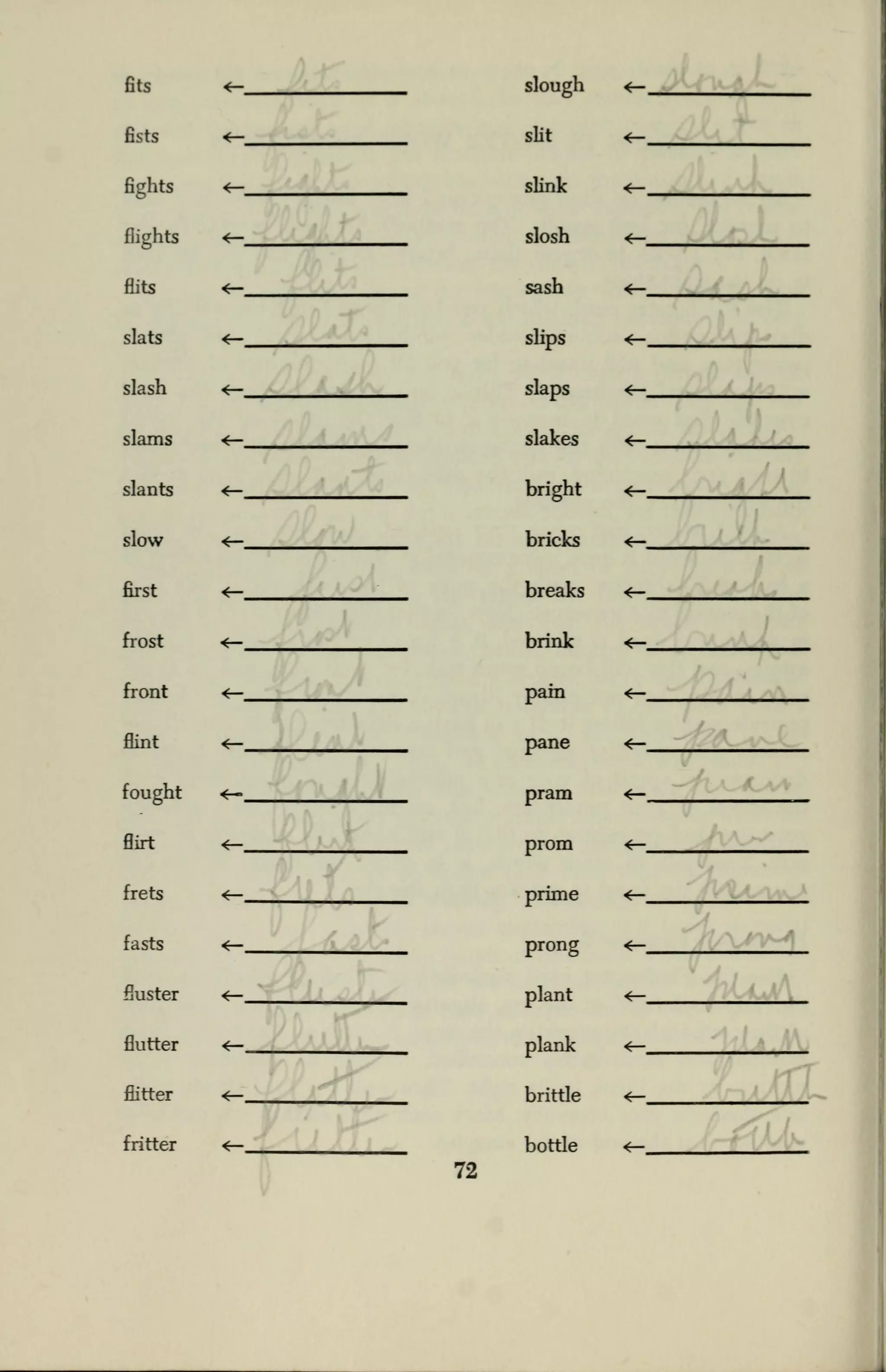 fits
fists
fights
flights
flits
slats
slash
slams
slants
slow
first
frost
front
flint
fought
flirt
frets
fasts
fluster
flutter
flitter
fritter
slough
slit
slink
slosh
sash
slips
slaps
slakes
bright
bricks
breaks
brink
pam
pane
pram
prom
prime
prong
plant
plank
brittle
bottle
72
 