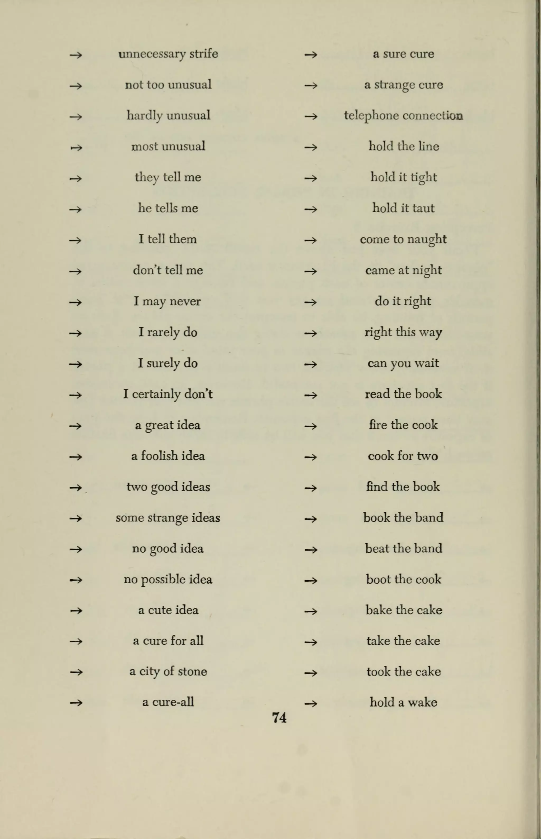-> unnecessary strife -» a sure cure
-» not too unusual -> a strange cure
-> hardly unusual — telephone connection
-» most unusual -» hold the line
-» they tell me -> hold it tight
-> he tells me -> hold it taut
-^ I tell them -> come to naught
-^ don't tell me -» came at night
-> I may never -» do it right
-> I rarely do -» right this way
-» I surely do -» can you wait
-» I certainly don't -» read the book
-> a great idea -> fire the cook
-> a foolish idea -> cook for two
-». two good ideas -» find the book
-» some strange ideas -> book the band
-» no good idea -» beat the band
~» no possible idea -> boot the cook
-» a cute idea -» bake the cake
-» a cure for all -> take the cake
-> a city of stone -> took the cake
-» a cure-all -> hold a wake
74
 