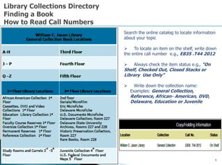1
Search the online catalog to locate information
about your topic
 To locate an item on the shelf, write down
the entire call number e.g., E835 .T44 2012
 Always check the item status e.g., “On
Shelf, Checked Out, Closed Stacks or
Library Use Only”
 Write down the collection name:
Examples: General Collection,
Reference, African- American, DVD,
Delaware, Education or Juvenile
 
