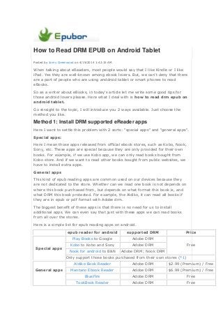 How to Read DRM EPUB on Android Tablet
Posted by Jonny Greenwood on 4/19/2014 1:42:15 AM.
When talking about eReaders, most people would say that I like Kindle or I like
iPad. Yes they are well-known among ebook lovers. But, we can't deny that there
are a part of people who are using anddroid tablet or smart phones to read
eBooks.
So as a writer about eBooks, in today's article let me write some good tips for
those android lovers please. Here what I deal with is how to read drm epub on
android tablet.
Go straight to the topic, I will introduce you 2 ways available. Just choose the
method you like.
Method 1: Install DRM supported eReader apps
Here I want to settle this problem with 2 sorts: "special apps" and "general apps".
Special apps:
Here I mean those apps released from official ebook stores, such as Kobo, Nook,
Sony, etc. These apps are special because they are only provided for their own
books. For example, if we use Kobo app, we can only read books bought from
Kobo store. And if we want to read other books bought from public websites, we
have to install extra apps.
General apps
This kind of epub reading apps are common used on our devices because they
are not dedicated to the store. Whether can we read one book is not depends on
where this book purchased from, but depends on what format this book is, and
what DRM this book protected. For example, the Aldiko, it can read all books if
they are in epub or pdf format with Adobe drm.
The biggest benefit of these apps is that there is no need for us to install
additional apps. We can even say that just with these apps we can read books
from all over the stores.
Here is a simple list for epub reading apps on android.
epub reader for android supported DRM Price
Special apps
Play Books to Google Adobe DRM
FreeKobo to Kobo and Sony Adobe DRM
Nook for android to B&N Adobe DRM; Nook DRM
Only support those books purchased from their own stores (*1)
General apps
Aldiko Book Reader Adobe DRM $2.99 (Premium) / Free
Mantano Ebook Reader Adobe DRM $6.99 (Premium) / Free
BlueFire Adobe DRM Free
TookBook Reader Adobe DRM Free
 