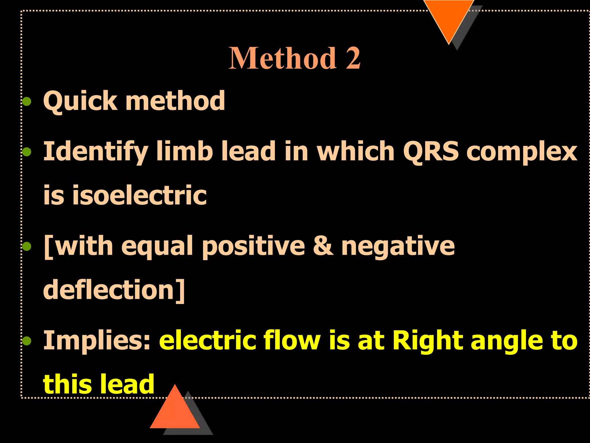 Method 2
• Quick method
• Identify limb lead in which QRS complex
is isoelectric
• [with equal positive & negative
deflection]
• Implies: electric flow is at Right angle to
this lead
 