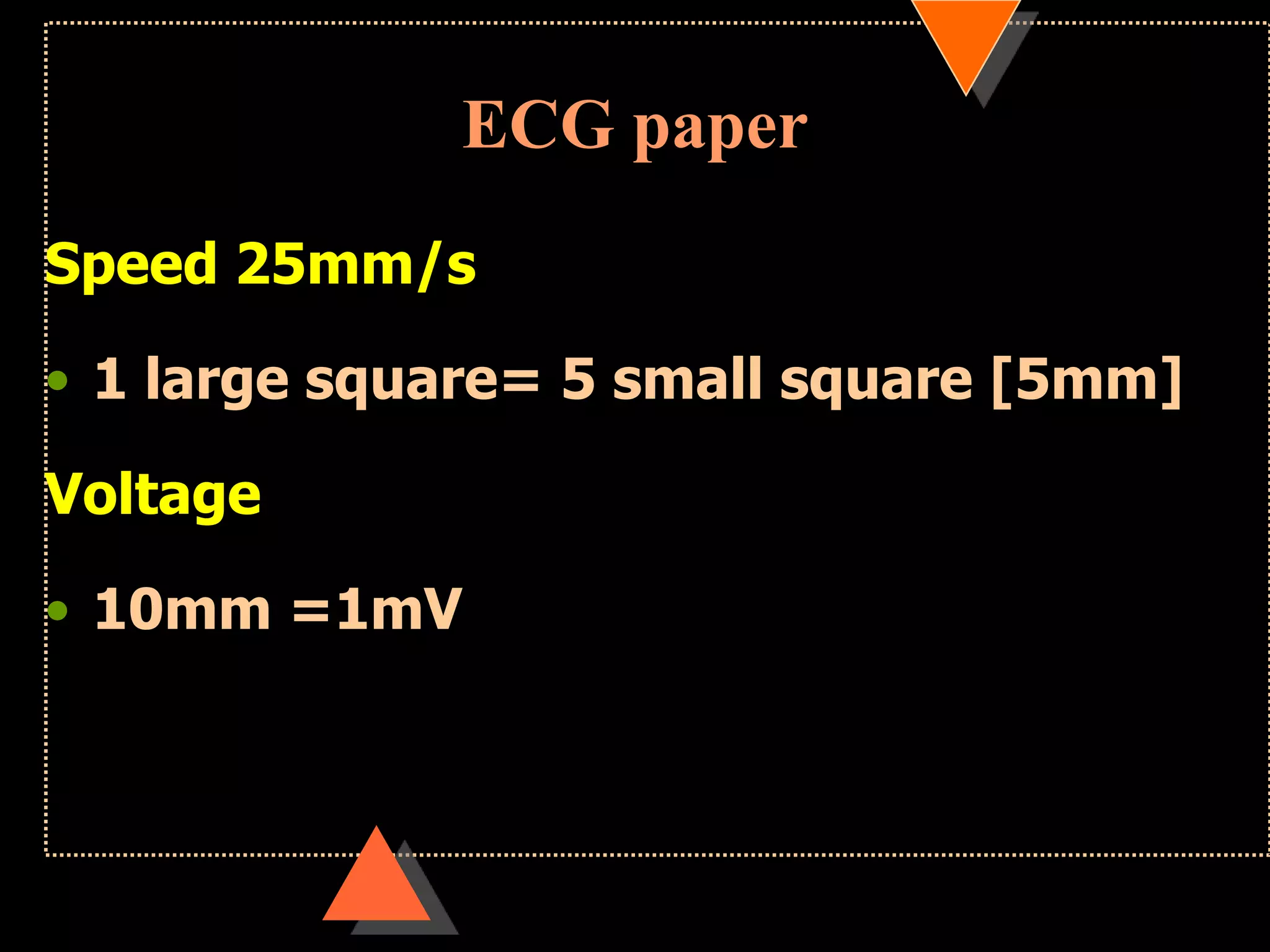 ECG paper
Speed 25mm/s
• 1 large square= 5 small square [5mm]
Voltage
• 10mm =1mV
 