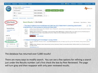 The database has returned over 5,000 results!
There are many ways to modify search. You can see a few options for refining a search
just under the Results number. Let’s first check the box by Peer Reviewed. The page
will turn gray and then reappear with only peer reviewed results.
 