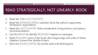 READ STRATEGICALLY, NOT LINEARLY: BOOK
A. Read the TABLE OF CONTENTS
B. Read the INTRODUCTIONS carefully: Note the author’...