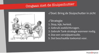 Omgaan met de Sluipschutter
✓Doel: Bring de Sluipschutter in zicht
✓Strategie:
1. Stop, kijk, herleid.
2. Gebruik zoeklichtvragen.
3. Gebruik Tank-strategie wanneer nodig.
4. Doe een verwijtpatrouille.
5. Stel beschaafde toekomst voor.
 