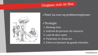Omgaan met de Nee
✓Doel: Ga over op probleemoplossen
✓Strategie:
1. Beweeg mee.
2. Gebruik de persoon als resource.
3. Laat de deur open.
4. Polariseer en draai om.
5. Erken en benoem de goede intenties.
 