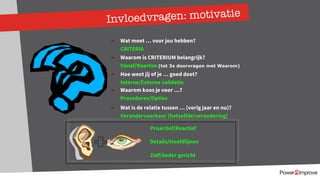 Invloedvragen: motivatie
Ø Wat moet … voor jou hebben?
CRITERIA
Ø Waarom is CRITERIUM belangrijk?
Vanaf/Naartoe (tot 3x doorvragen met Waarom)
Ø Hoe weet jij of je … goed doet?
Interne/Externe validatie
Ø Waarom koos je voor …?
Procedures/Opties
Ø Wat is de relatie tussen … (vorig jaar en nu)?
Verandervoorkeur (hetzelfde/verandering)
Proactief/Reactief
Details/Hoofdlijnen
Zelf/Ander gericht
 