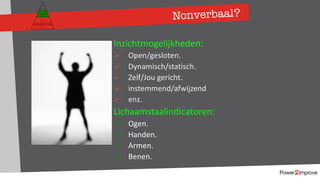 Nonverbaal?
Inzichtmogelijkheden:
Ø Open/gesloten.
Ø Dynamisch/statisch.
Ø Zelf/Jou gericht.
Ø instemmend/afwijzend
Ø enz.
Lichaamstaalindicatoren:
ü Ogen.
ü Handen.
ü Armen.
ü Benen.
Persoonlijk programma
Gevoel
Relatie
Inhoud
Proces
 
