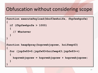 Obfuscation without considering scope
function executePayload(hkof3ewhoife, fhpfewhpofe)
{
  if (fhpfewhpofe > 1000)
  {
    // Whatever
  }
}

function heapSpray(hoprwehjoprew, hoifwep43)
{
  for (jnpfw93=0;jnpfw93<hoifwep43;jnpfw93++)
  {
    hoprwehjoprew = hoprwehjoprew + hoprwehjoprew;
  }
}
                                                     23
 