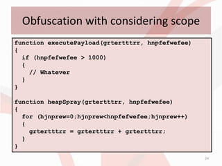 Obfuscation with considering scope
function executePayload(grtertttrr, hnpfefwefee)
{
  if (hnpfefwefee > 1000)
  {
    // Whatever
  }
}

function heapSpray(grtertttrr, hnpfefwefee)
{
  for (hjnprew=0;hjnprew<hnpfefwefee;hjnprew++)
  {
    grtertttrr = grtertttrr + grtertttrr;
  }
}
                                                   24
 