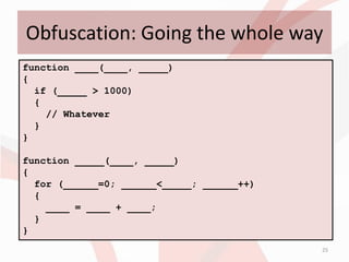 Obfuscation: Going the whole way
function ____(____, _____)
{
  if (_____ > 1000)
  {
    // Whatever
  }
}

function _____(____, _____)
{
  for (______=0; ______<_____; ______++)
  {
    ____ = ____ + ____;
  }
}
                                           25
 
