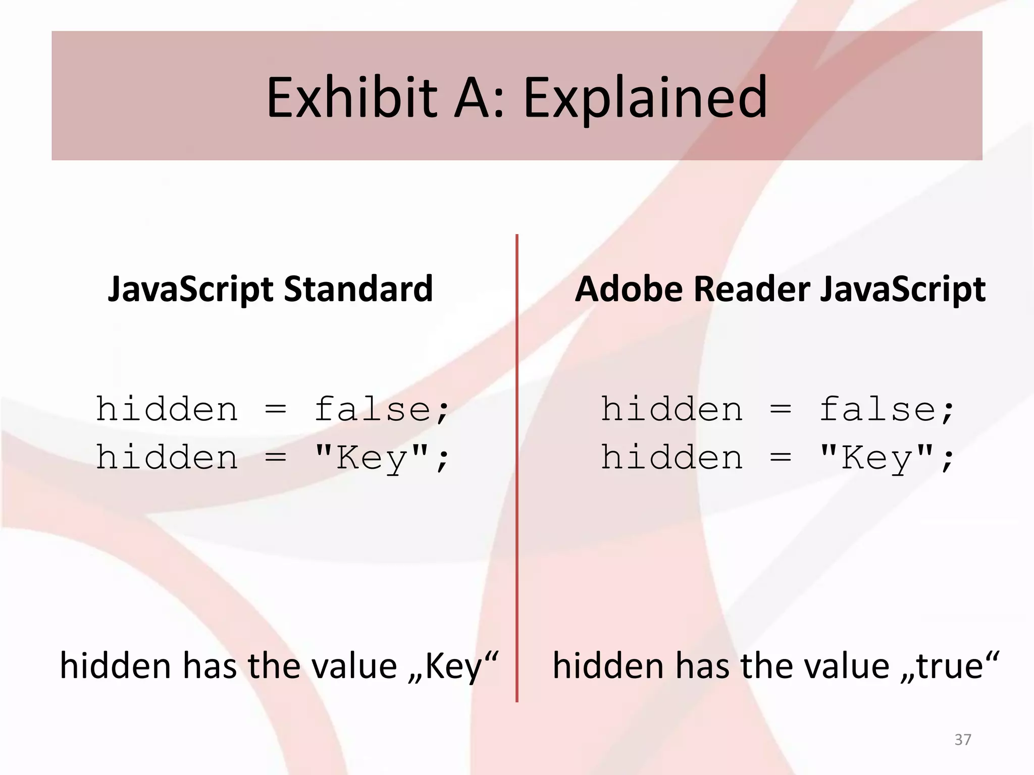 Exhibit A: Explained

  JavaScript Standard         Adobe Reader JavaScript

  hidden = false;              hidden = false;
  hidden = "Key";              hidden = "Key";




hidden has the value „Key“   hidden has the value „true“
                                                     37
 