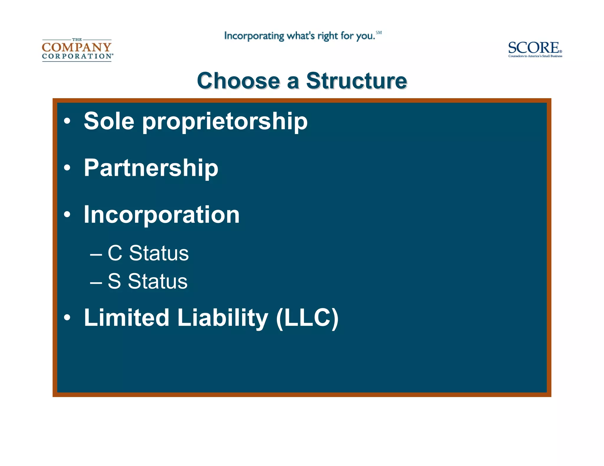 Choose a Structure
• Sole proprietorship
• Partnership
• Incorporation
  – C Status
  – S Status
• Limited Liability (LLC)
 