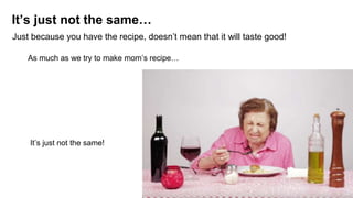 It’s just not the same…
Just because you have the recipe, doesn’t mean that it will taste good!
It’s just not the same!
As much as we try to make mom’s recipe…
 
